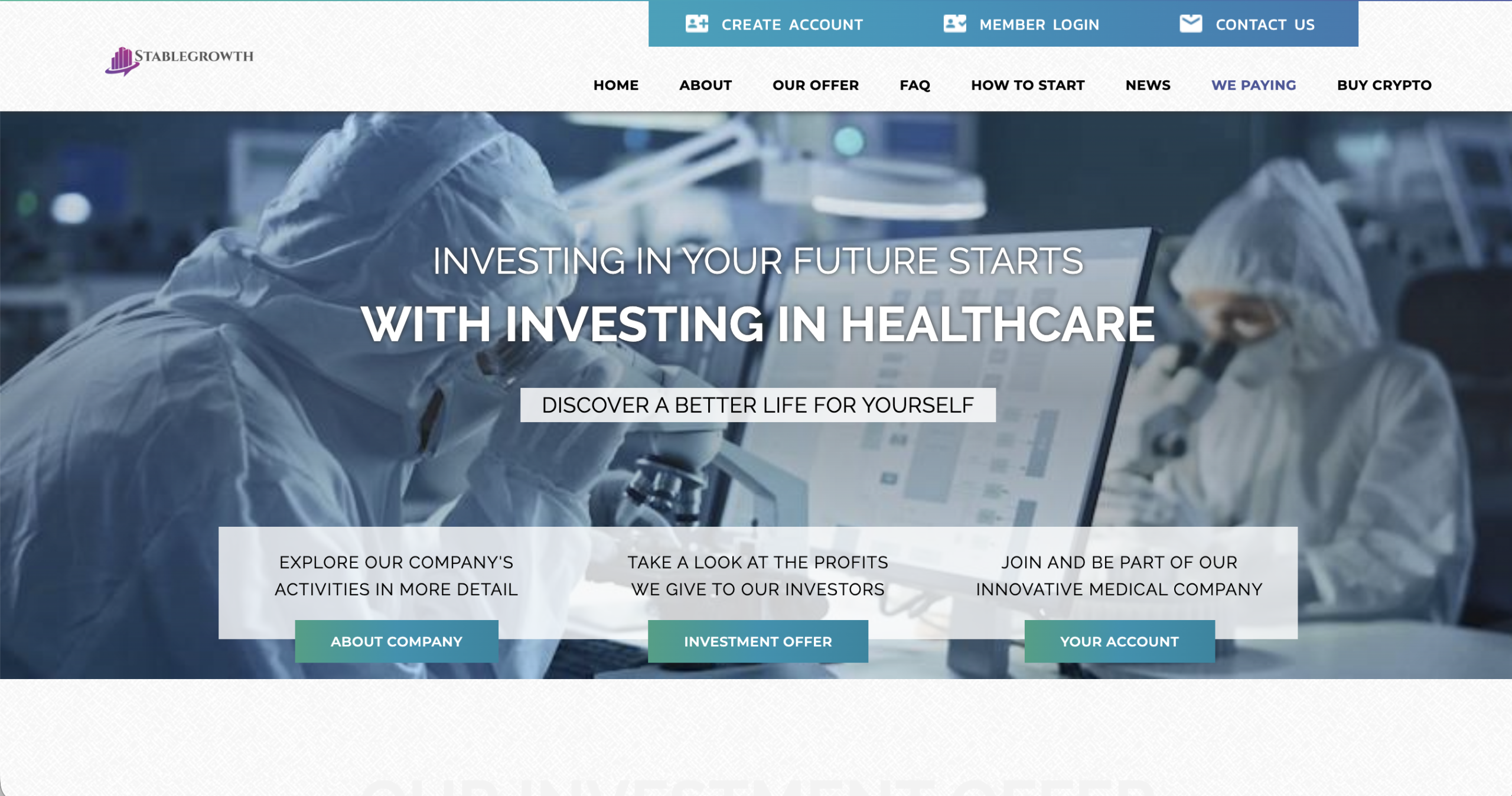 Screenshot of the fraudulent trading platform Stable Growth, showcasing its misleading marketing.