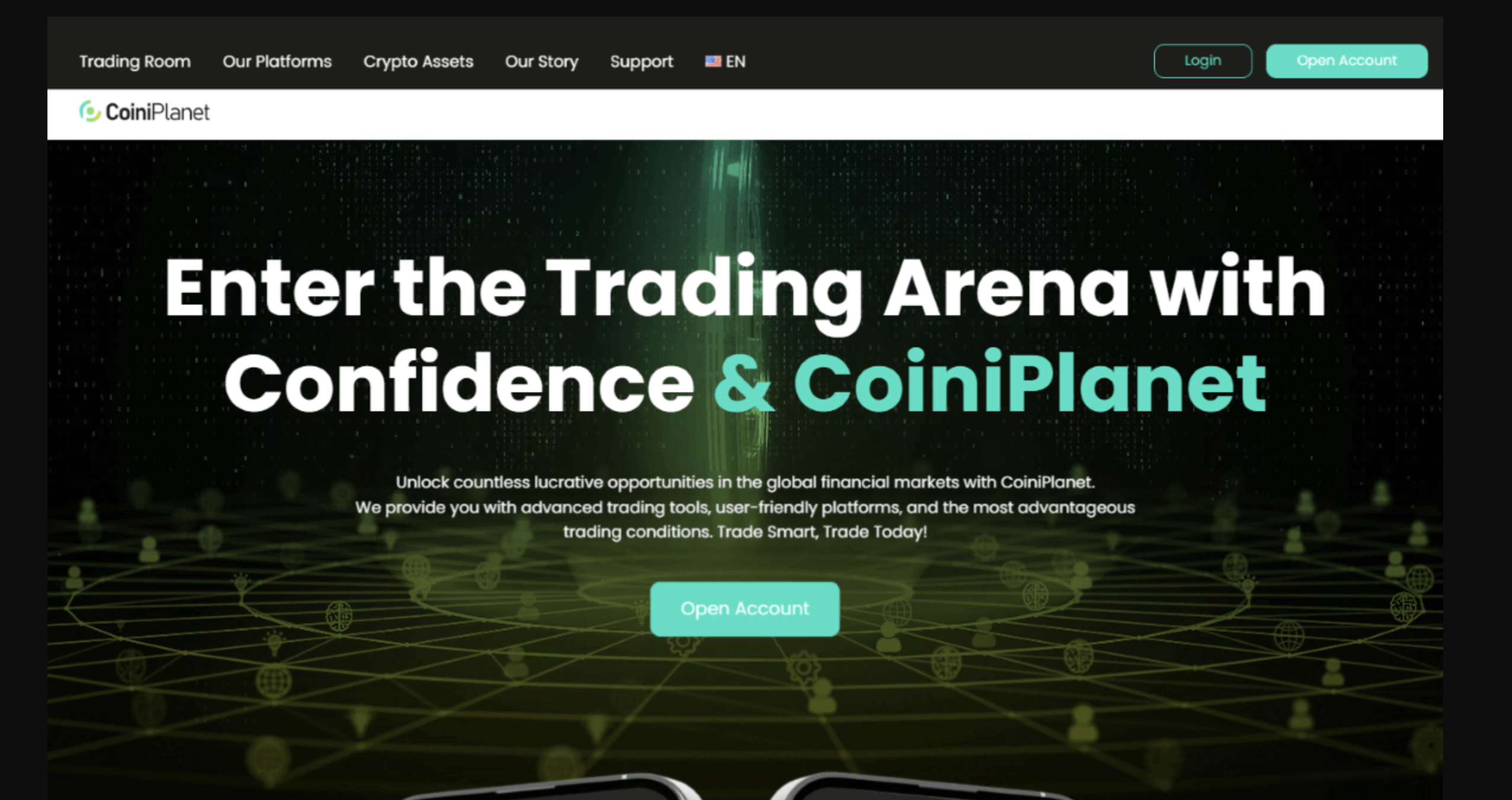 Screenshot of the fraudulent trading platform CoiniPlanet, showcasing its misleading marketing.