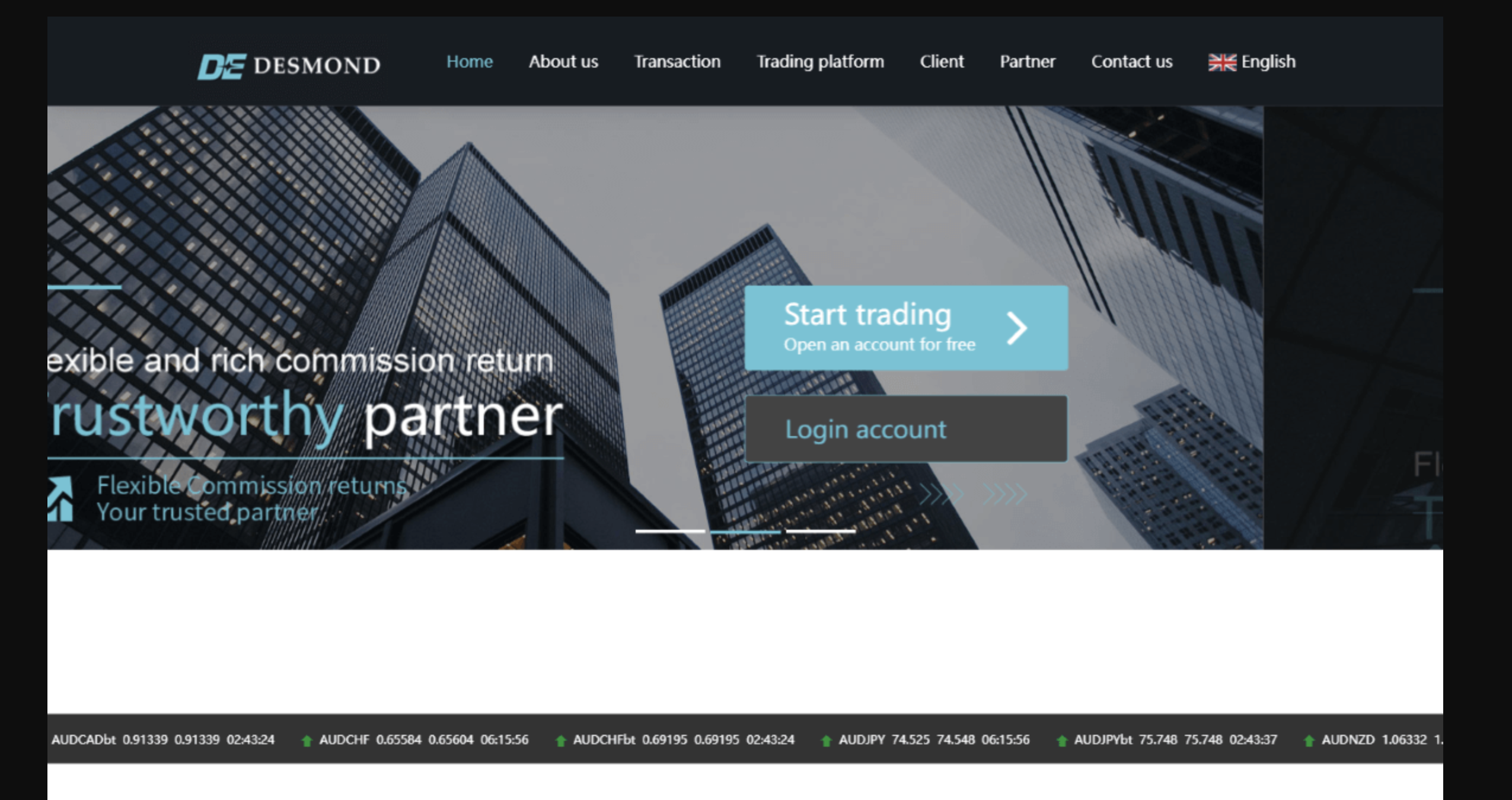Screenshot of the fraudulent trading platform Desmond Capital Corp, showcasing its misleading marketing.