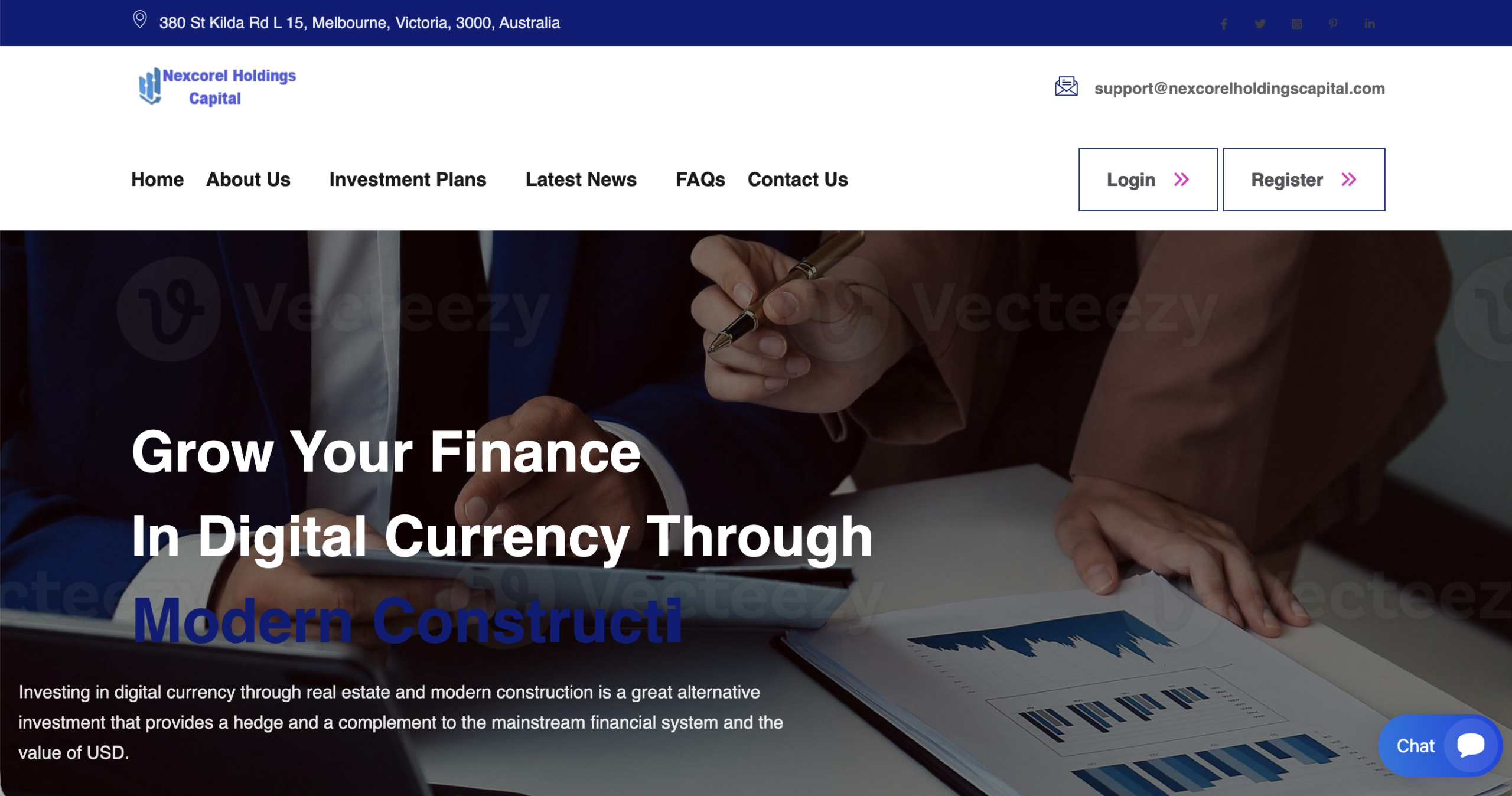 Screenshot of the fraudulent trading platform Nexcorel Holdings Capital, showcasing its misleading marketing.