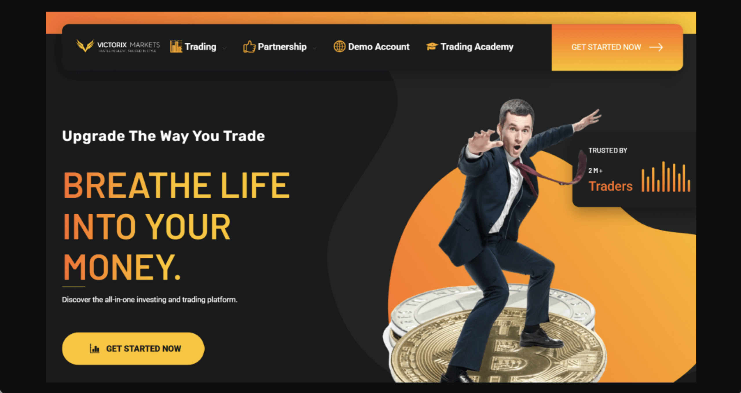 Screenshot of the fraudulent trading platform Victorix Markets, showcasing its misleading marketing.