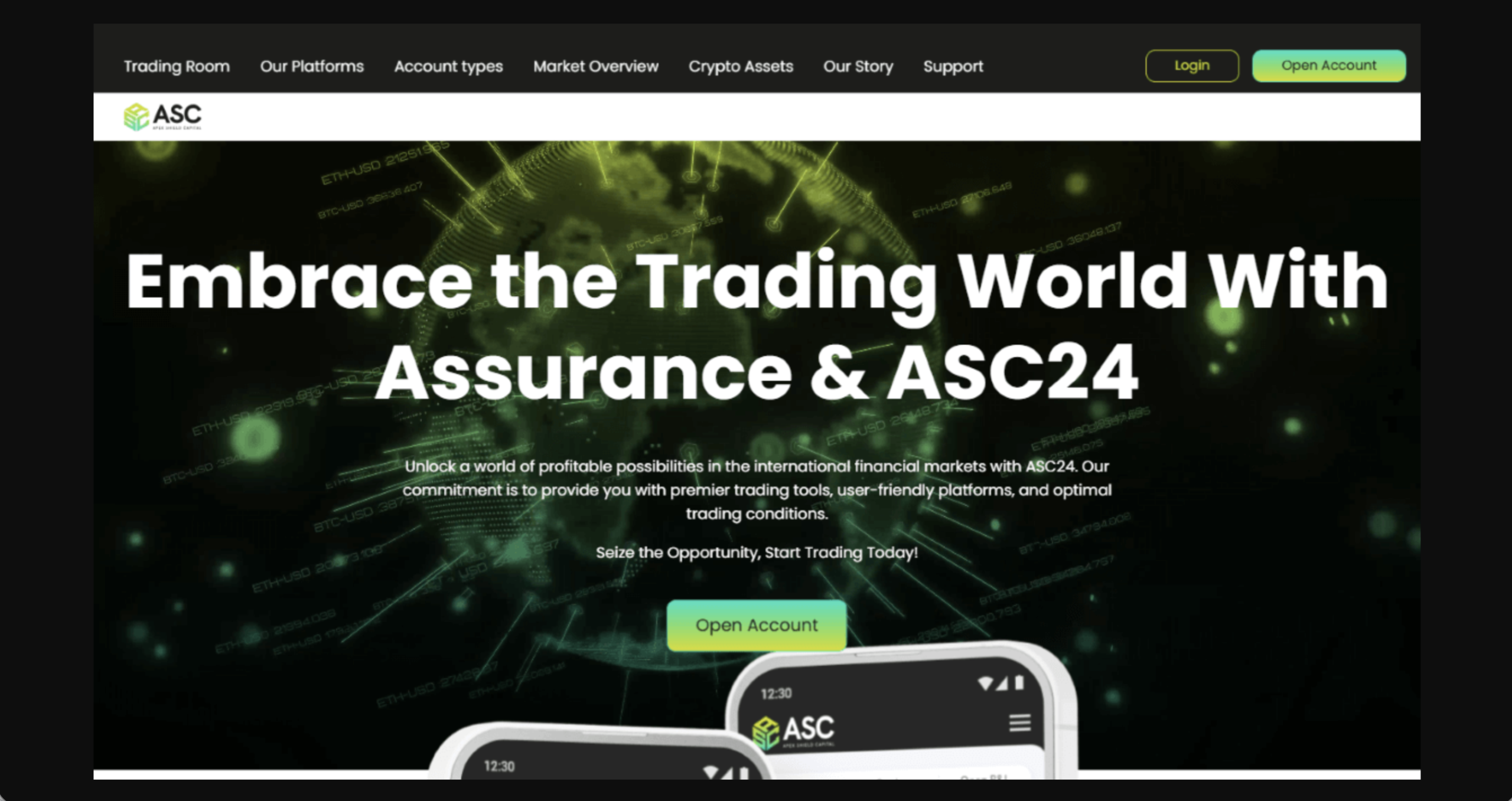 Screenshot of the fraudulent trading platform ASC24, showcasing its misleading marketing.