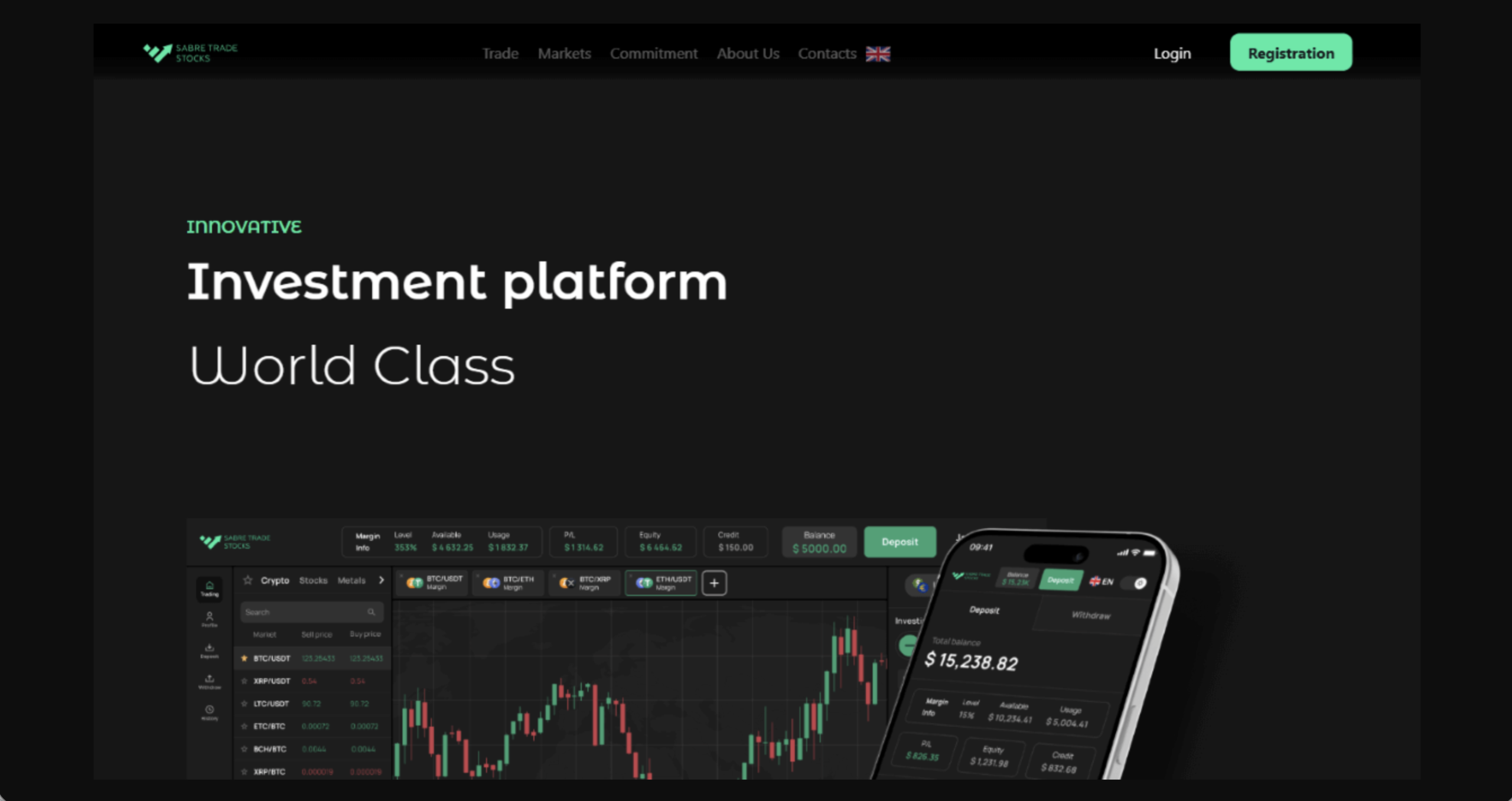 Screenshot of the fraudulent trading platform Sabre Trade Stocks, showcasing its misleading marketing.
