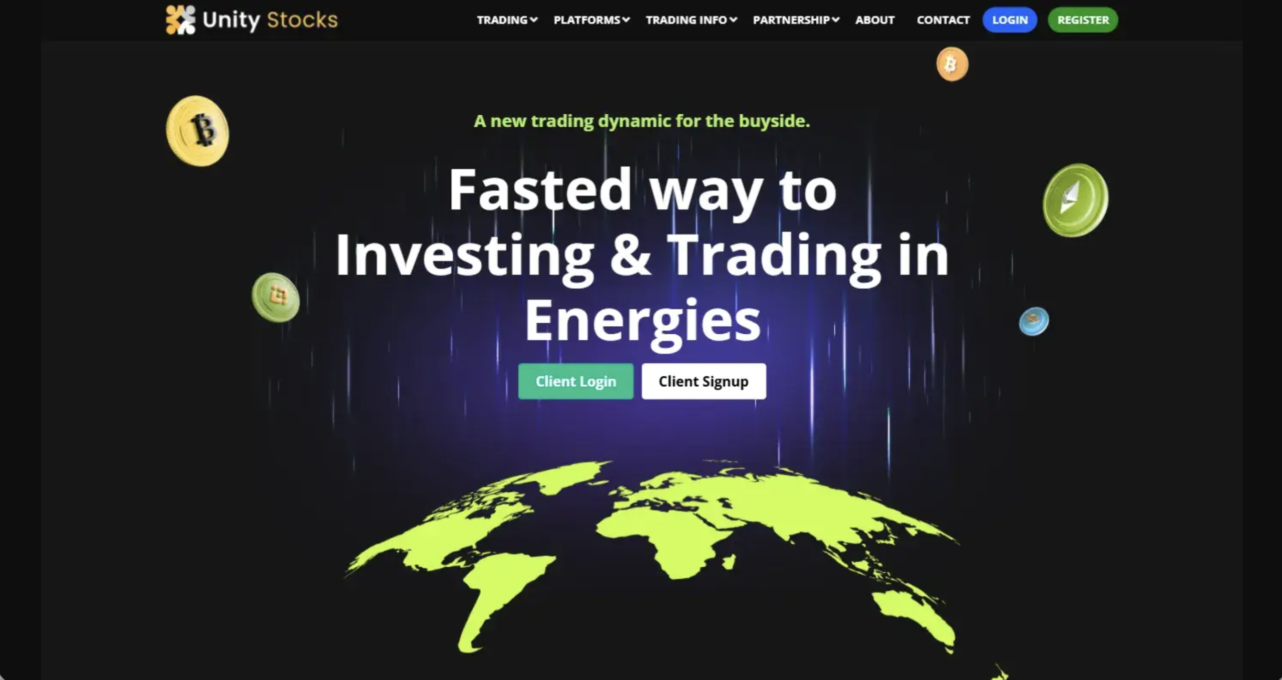 Screenshot of the fraudulent trading platform UnityStocks, showcasing its misleading marketing.