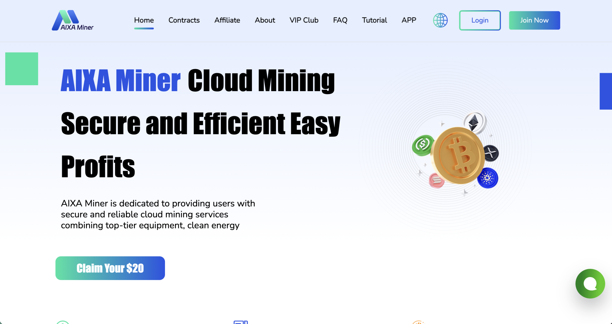 Screenshot of the fraudulent trading platform Aixa Miner Cloud Mining Investment Ltd, showcasing its misleading marketing.