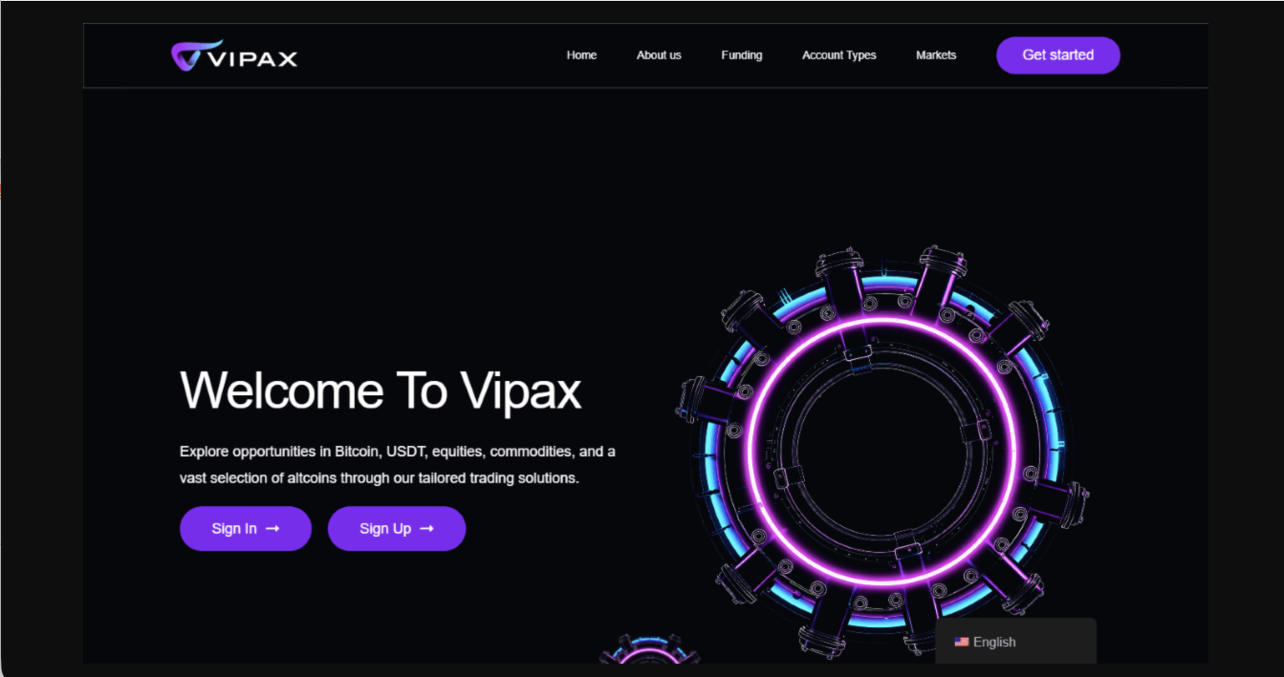 Screenshot of the fraudulent trading platform Vipax, showcasing its misleading marketing.