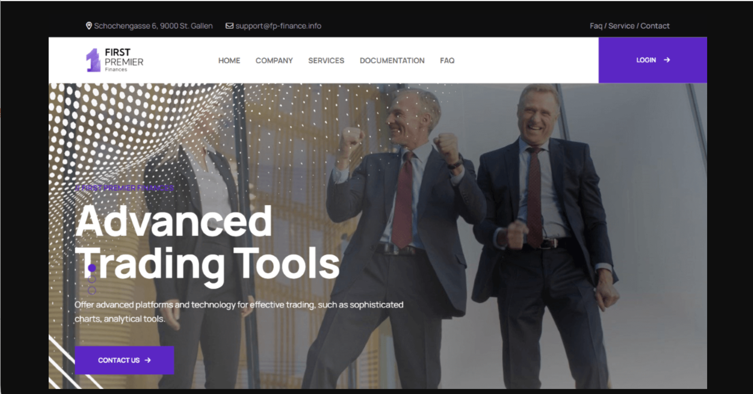 Screenshot of the fraudulent trading platform First Premier Finances, showcasing its misleading marketing.
