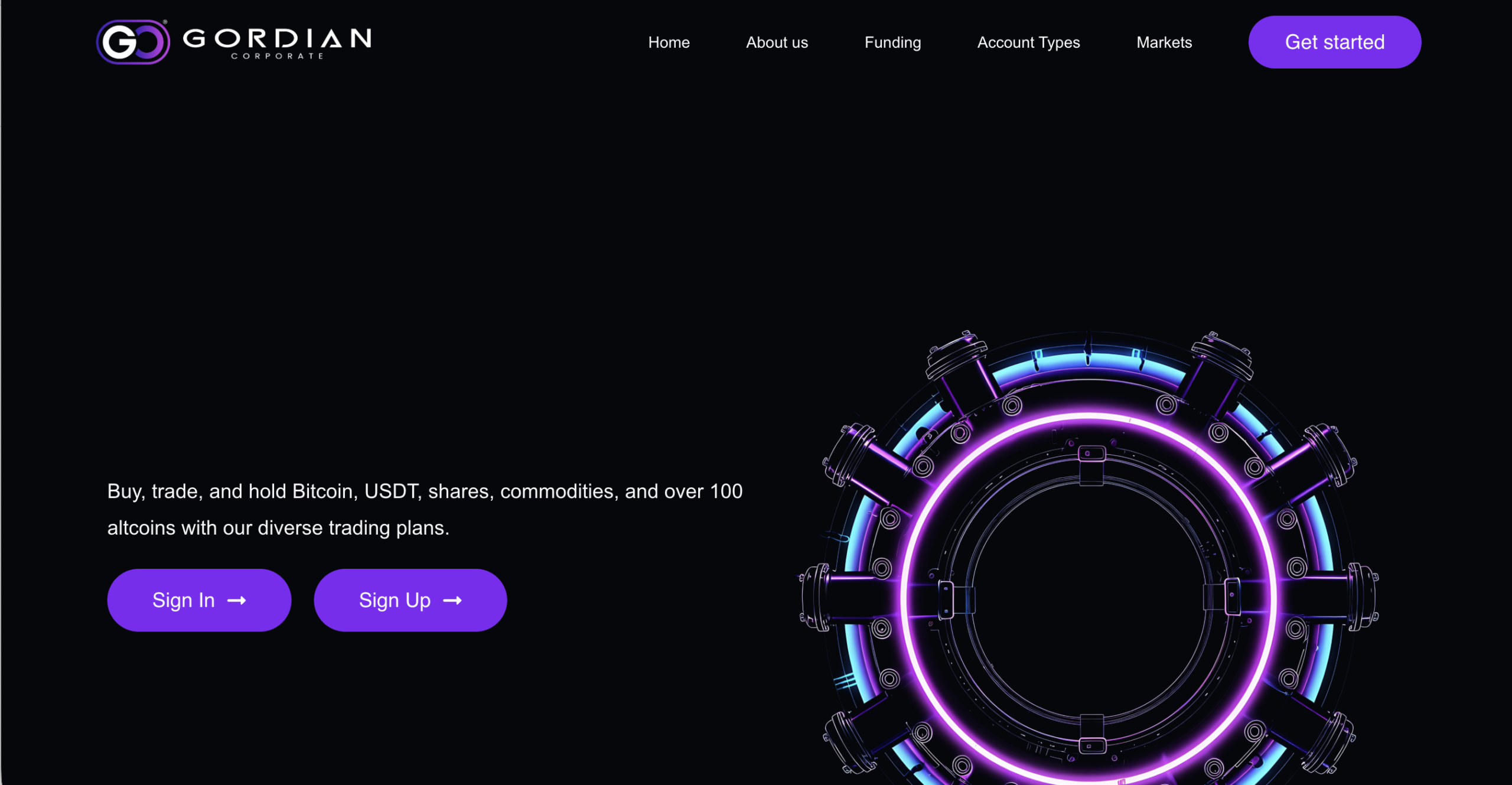 Screenshot of the fraudulent trading platform Gordians Corporate, showcasing its misleading marketing.