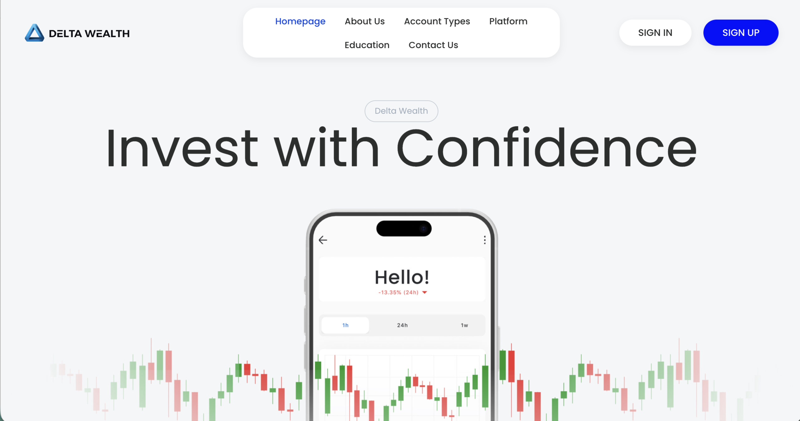 Screenshot of the fraudulent trading platform Delta Wealth Ltd, showcasing its misleading marketing.