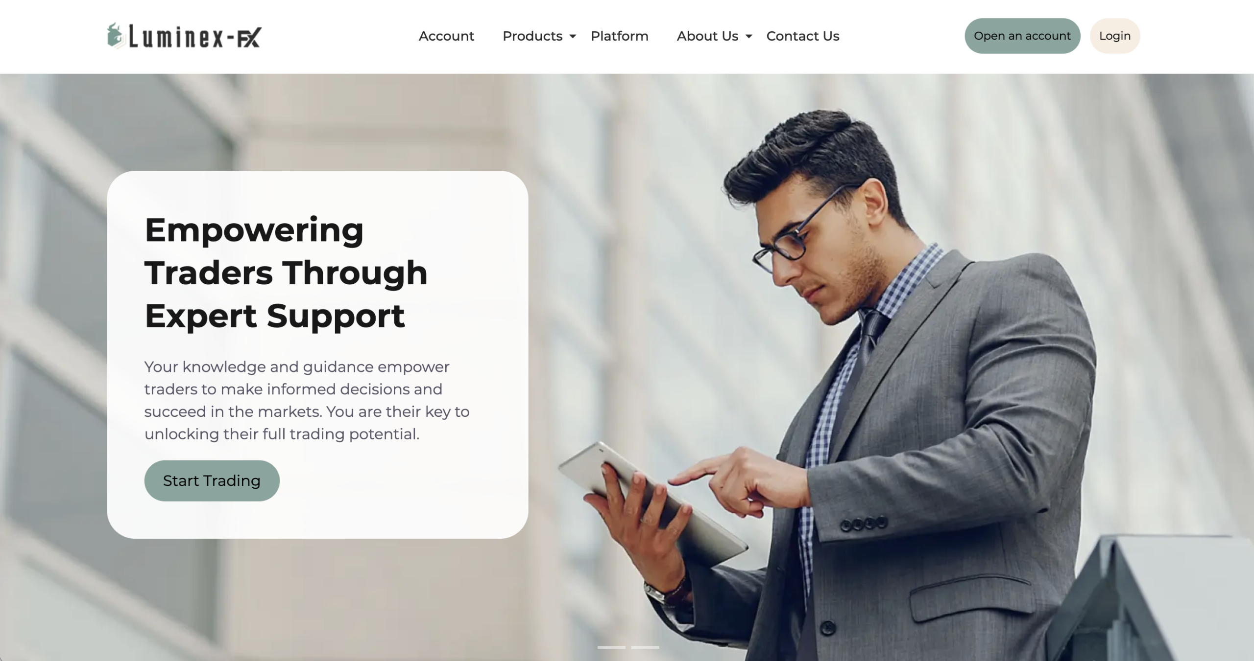 Screenshot of the fraudulent trading platform Luminex-fx, showcasing its misleading marketing.