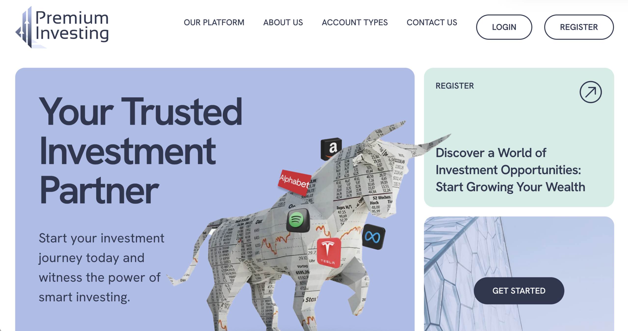 Screenshot of the fraudulent trading platform Premium Investing, showcasing its misleading marketing.