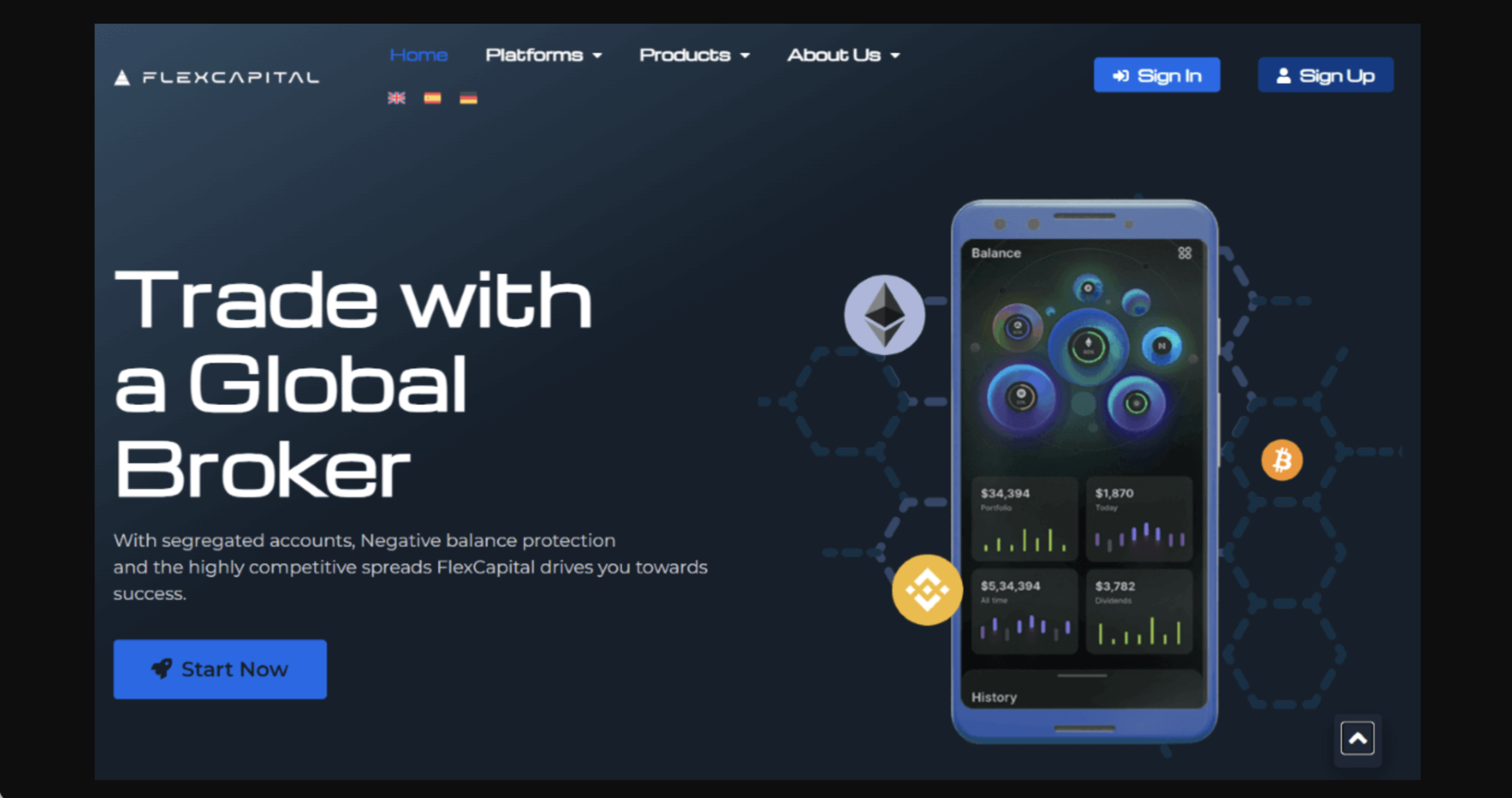 Screenshot of the fraudulent trading platform FlexCapital, showcasing its misleading marketing.