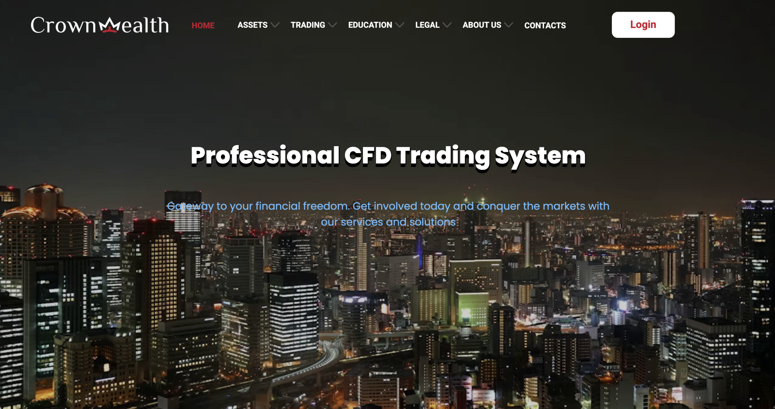 Screenshot of the fraudulent trading platform Crownwealth, showcasing its misleading marketing.