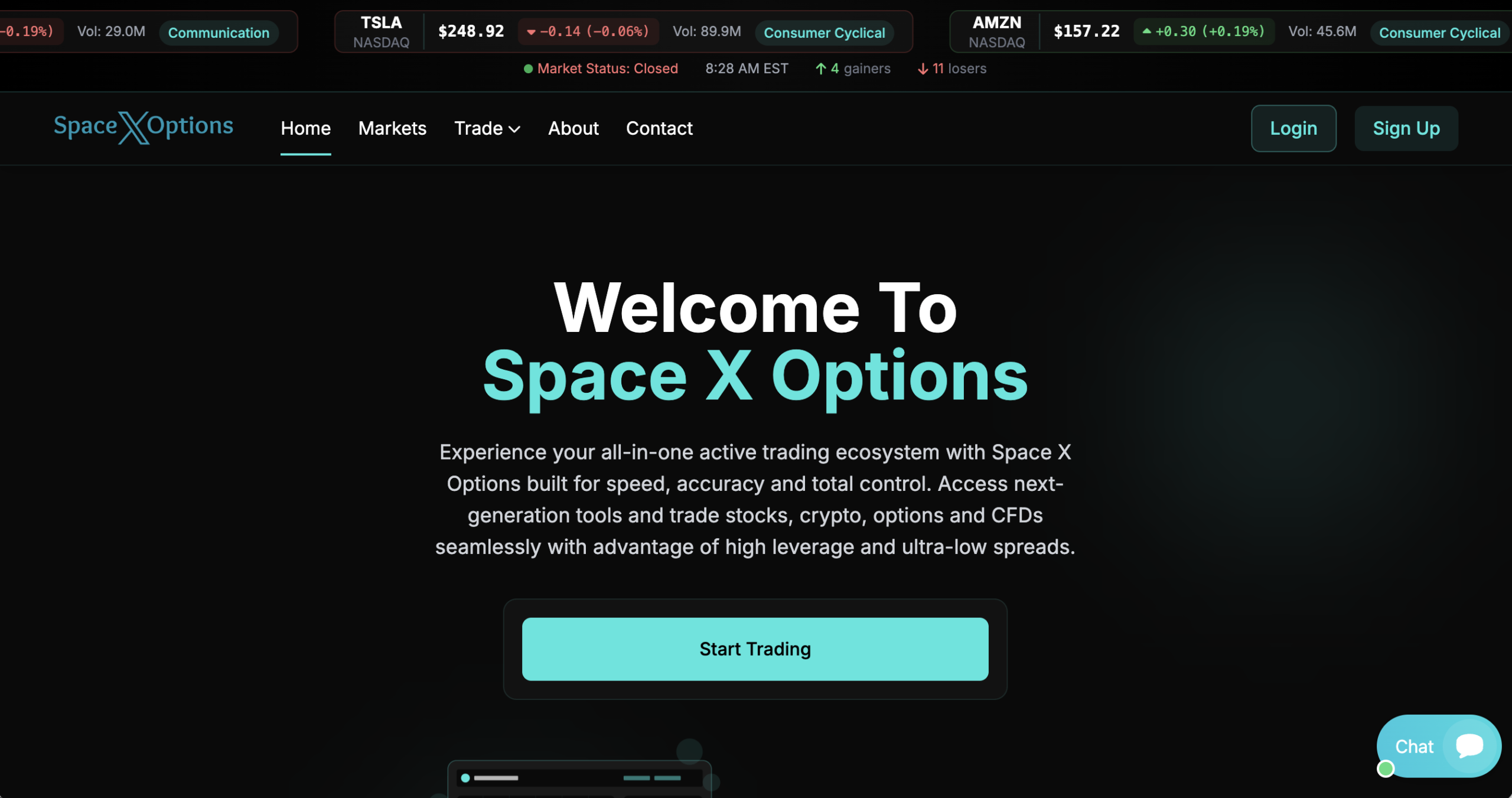 Screenshot of the fraudulent trading platform Space x Options, showcasing its misleading marketing.