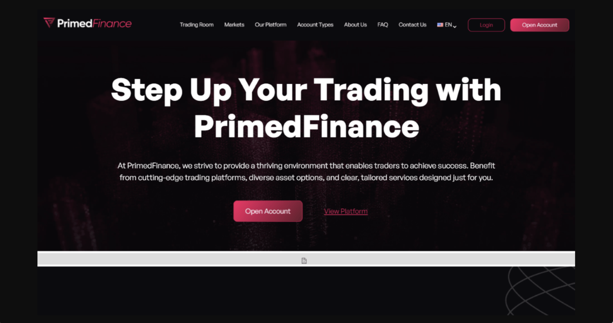 Screenshot of the fraudulent trading platform PrimedFinance, showcasing its misleading marketing.