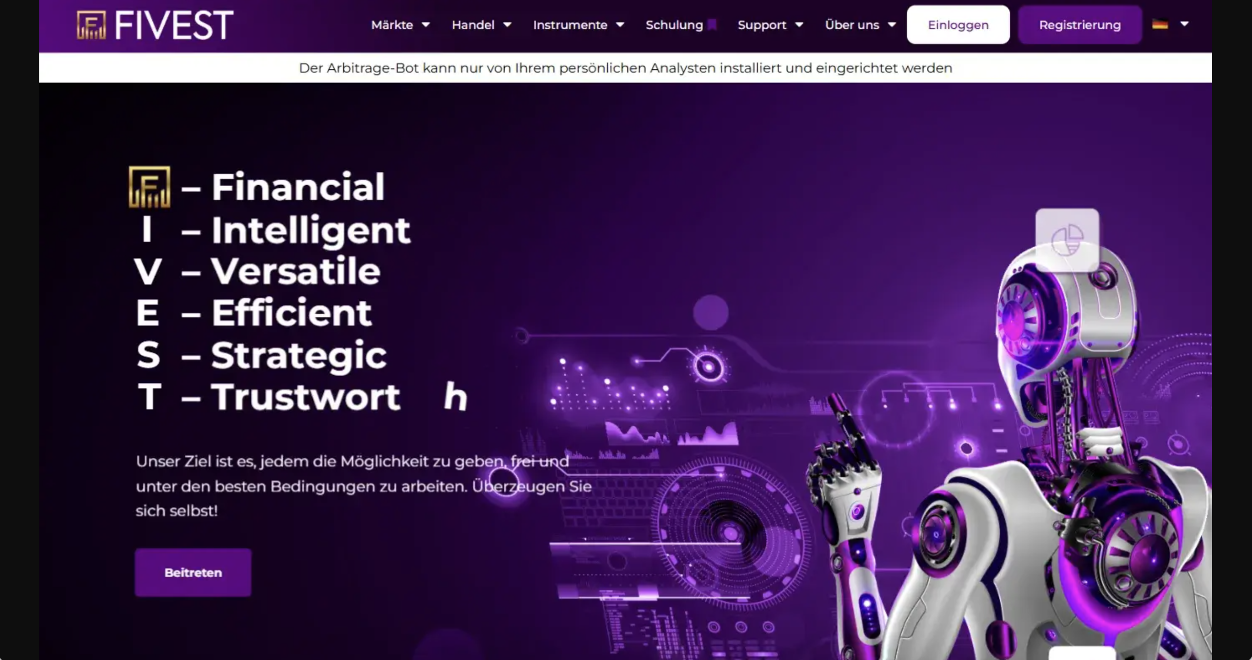 Screenshot of the fraudulent trading platform Fivest, showcasing its misleading marketing.