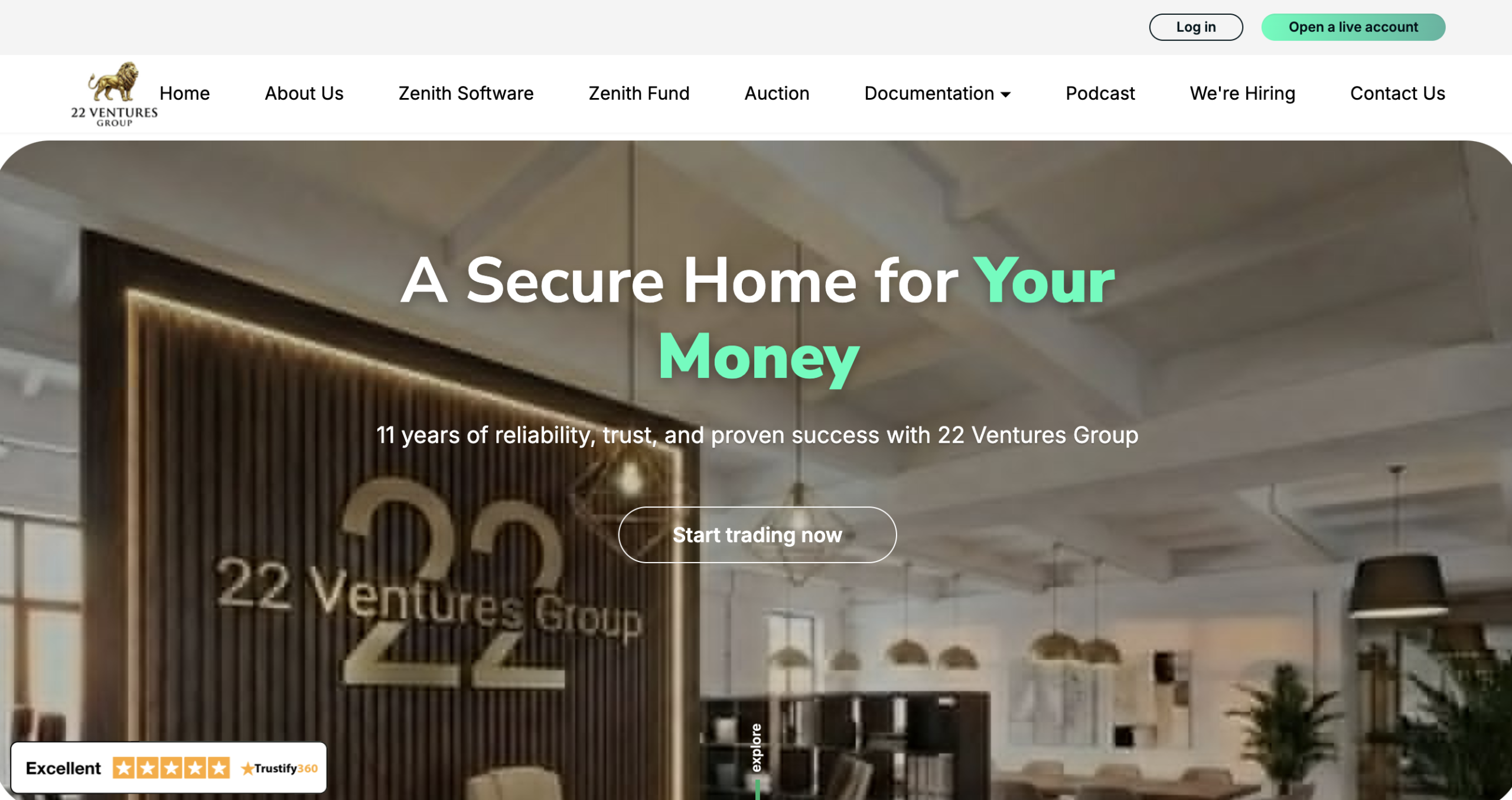Screenshot of the fraudulent trading platform 22 Ventures Group, showcasing its misleading marketing.