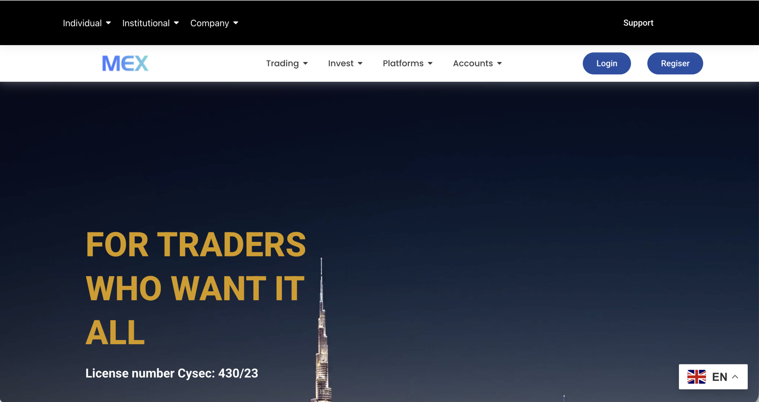 Screenshot of the fraudulent trading platform MEXCFD.com, showcasing its misleading marketing.