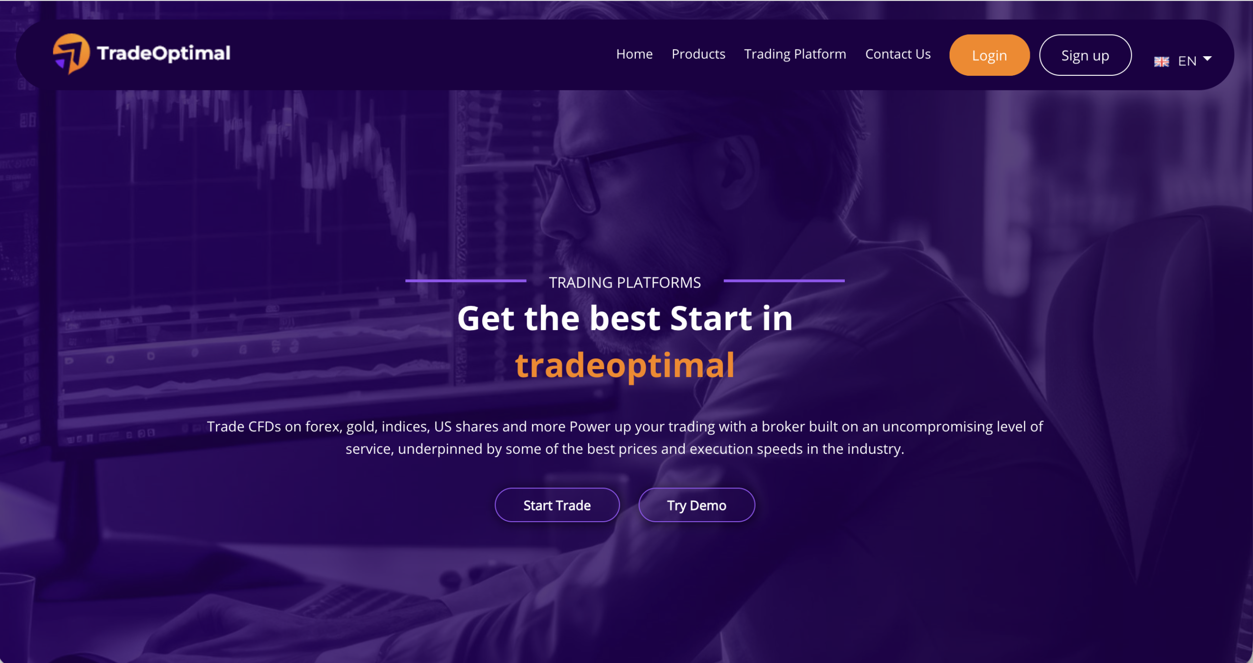Screenshot of the fraudulent trading platform TradeOptimal, showcasing its misleading marketing.