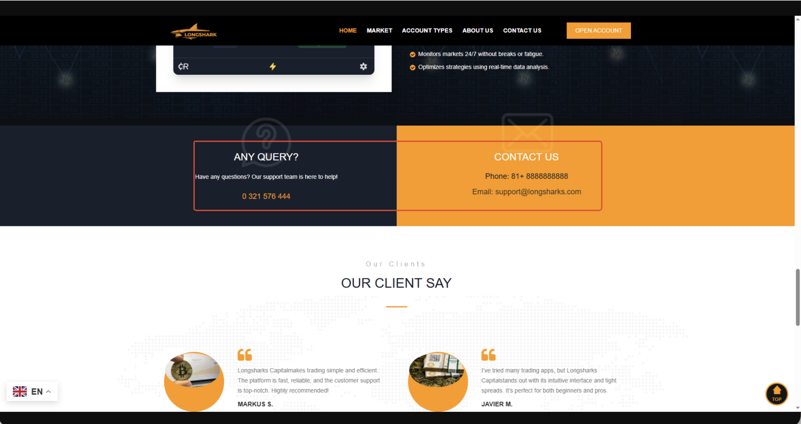 Screenshot of the fraudulent trading platform Longsharks Capital, showcasing its misleading marketing.
