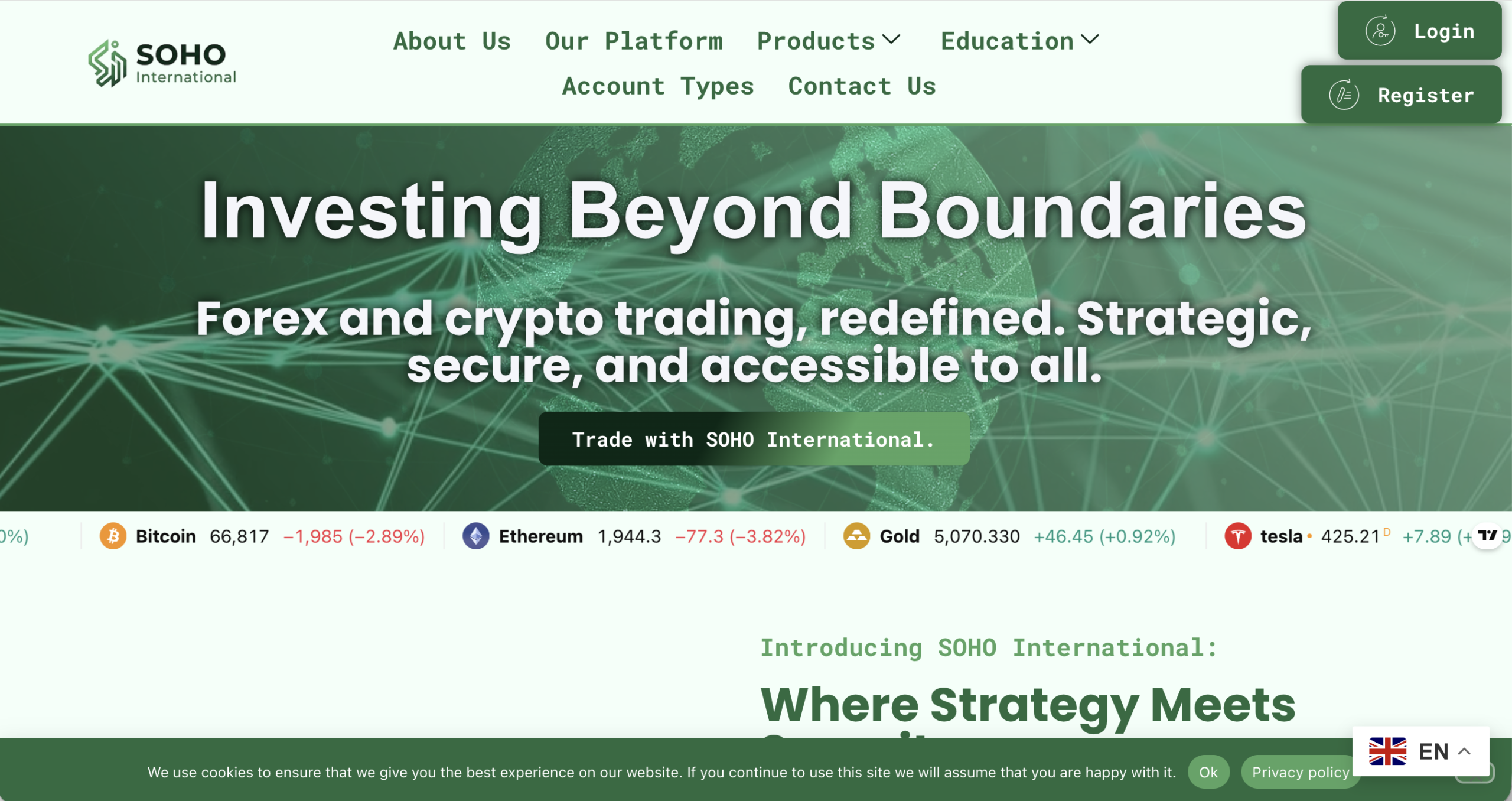 Screenshot of the fraudulent trading platform Soho International, showcasing its misleading marketing.