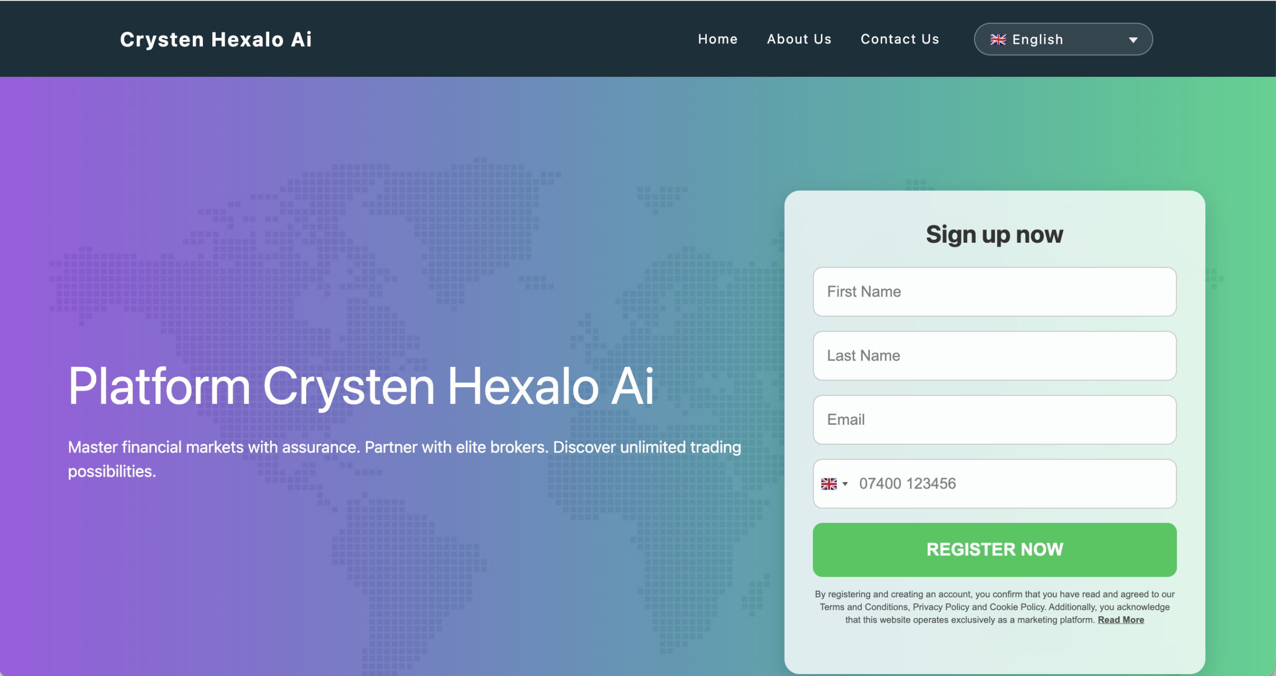 Screenshot of the fraudulent trading platform Crysten Hexalo AI, showcasing its misleading marketing.
