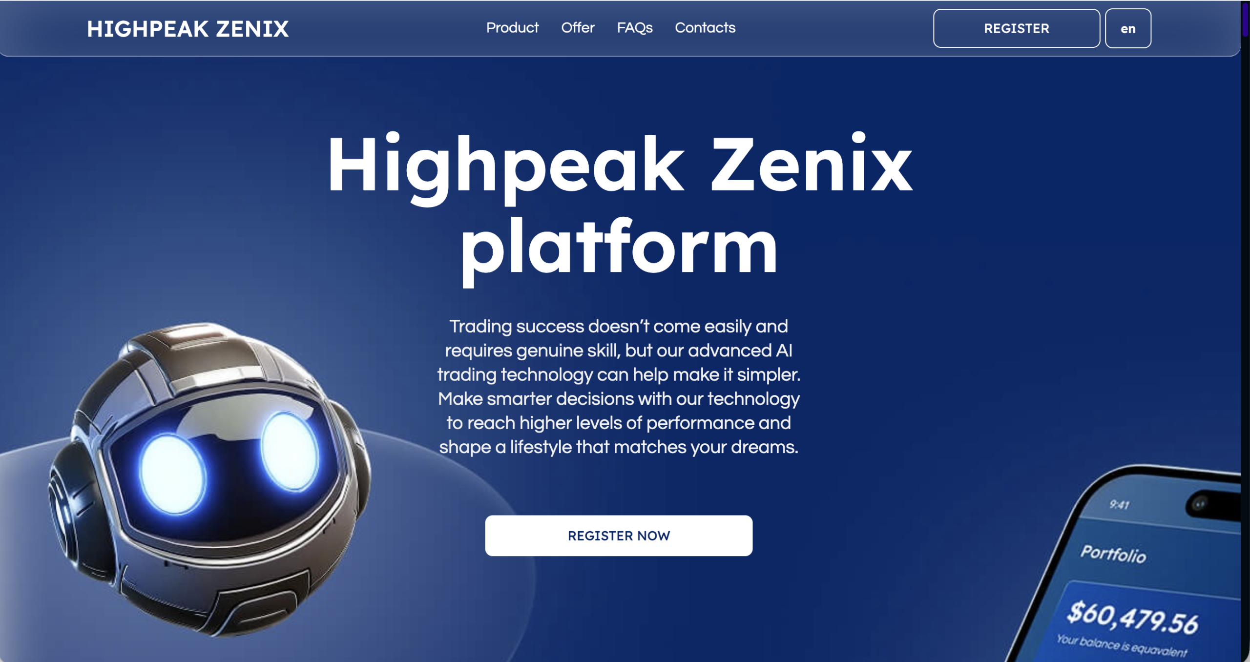 Screenshot of the fraudulent trading platform High Peak Zenix, showcasing its misleading marketing.