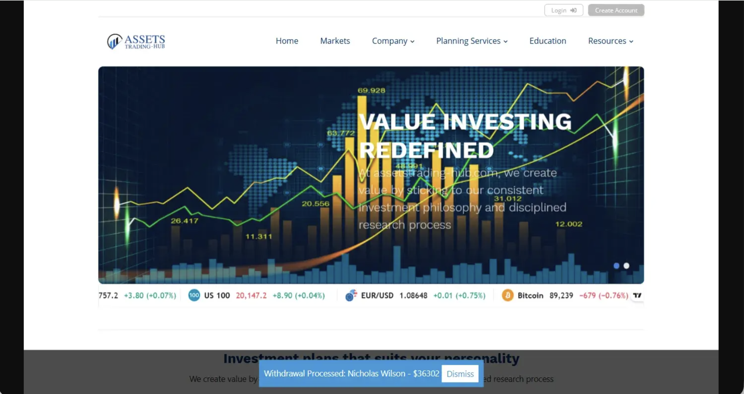 Screenshot of the fraudulent trading platform Assets Trading Hub, showcasing its misleading marketing.
