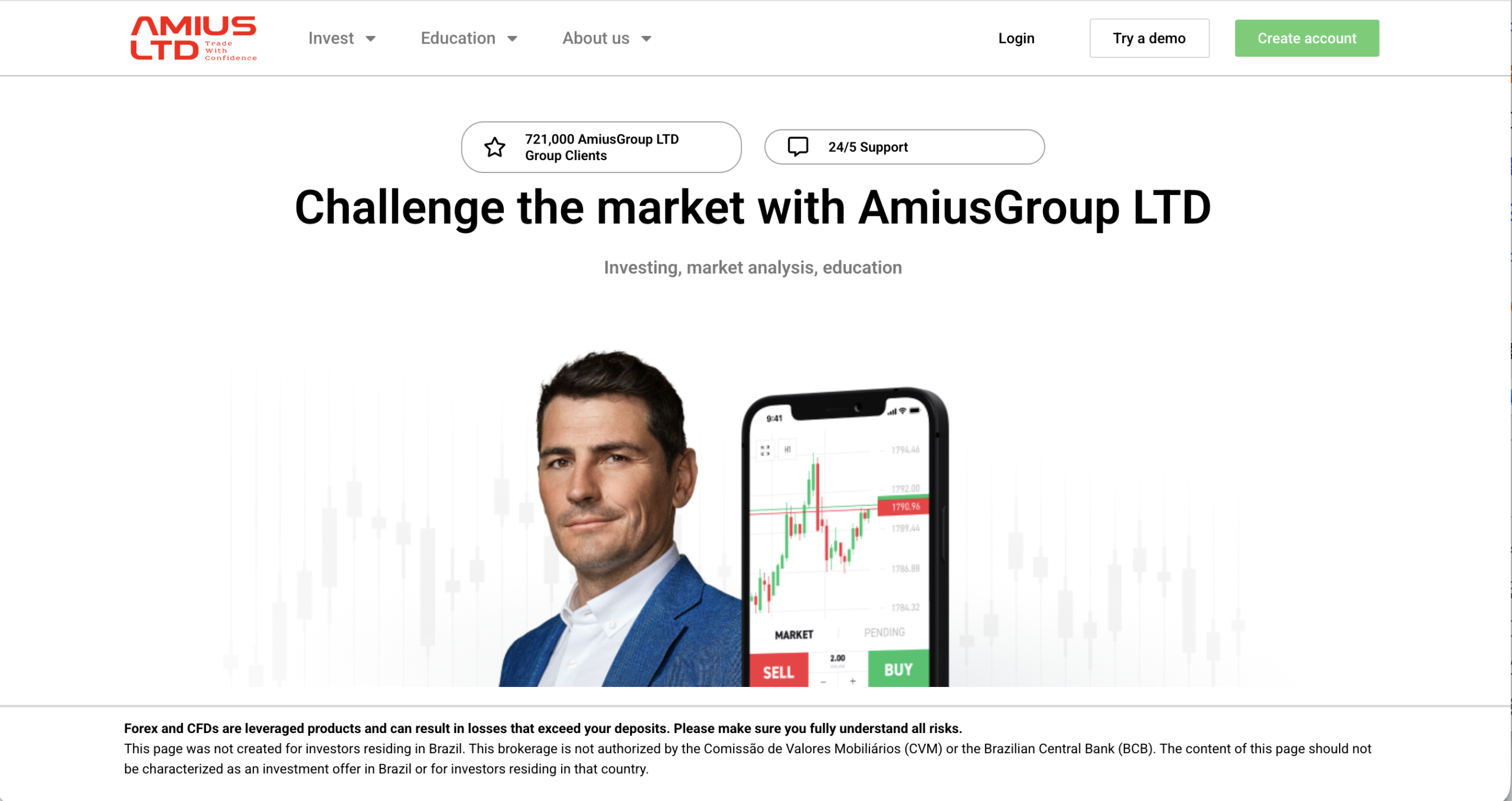 Screenshot of the fraudulent trading platform Amius Group Ltd, showcasing its misleading marketing.