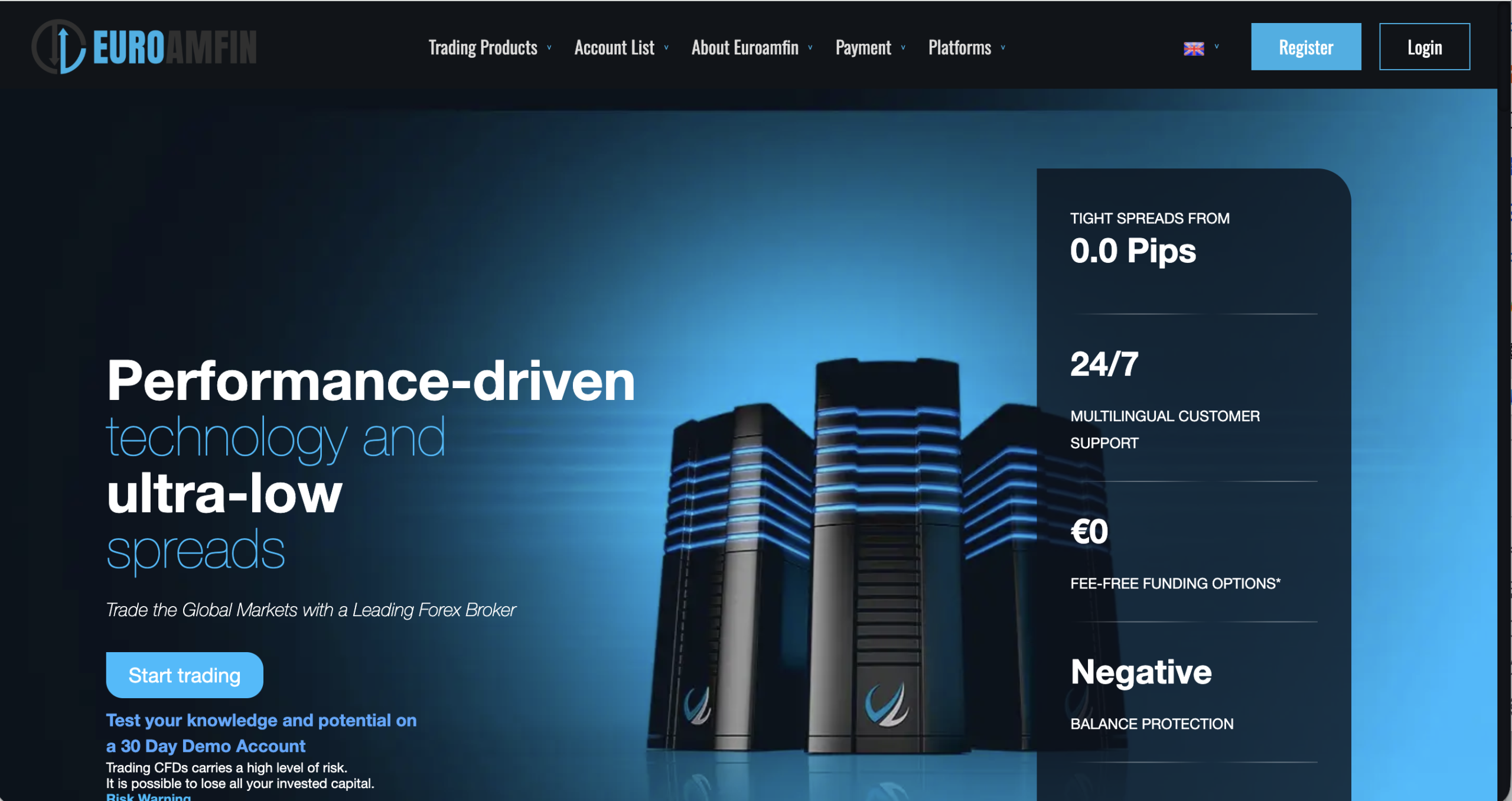 Screenshot of the fraudulent trading platform EUROAMFIN, showcasing its misleading marketing.