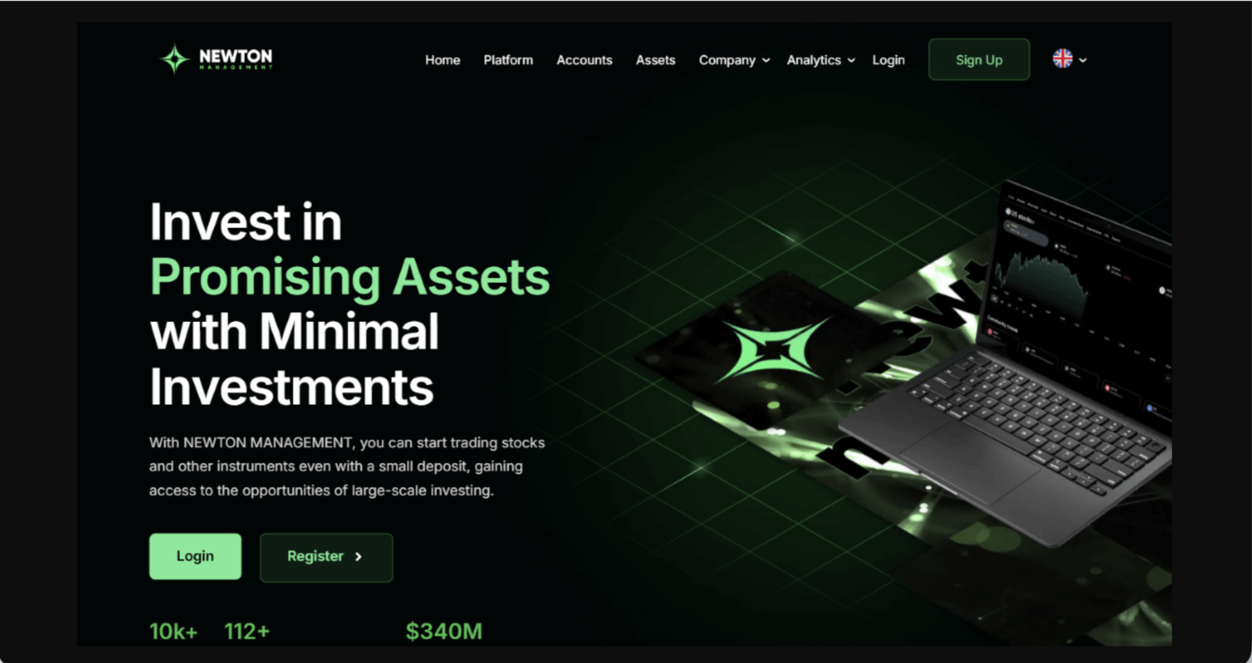 Screenshot of the fraudulent trading platform Newton Management, showcasing its misleading marketing.