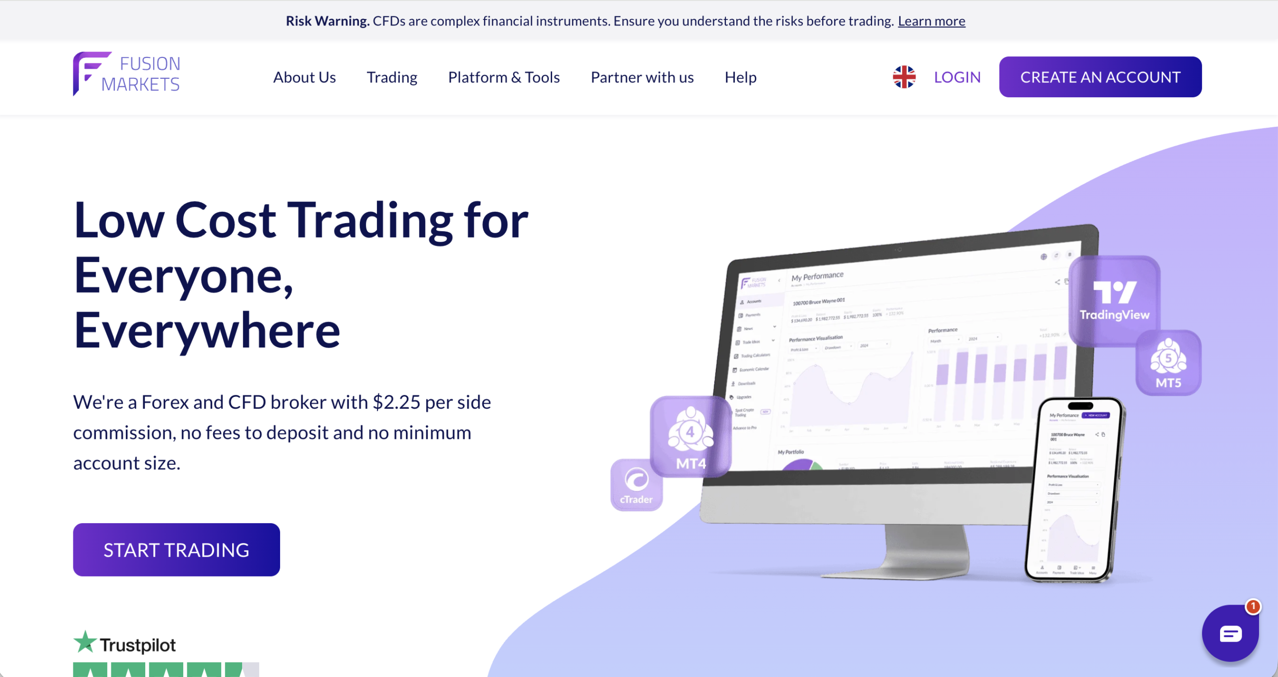 Screenshot of the fraudulent trading platform Fusion Markets, showcasing its misleading marketing.