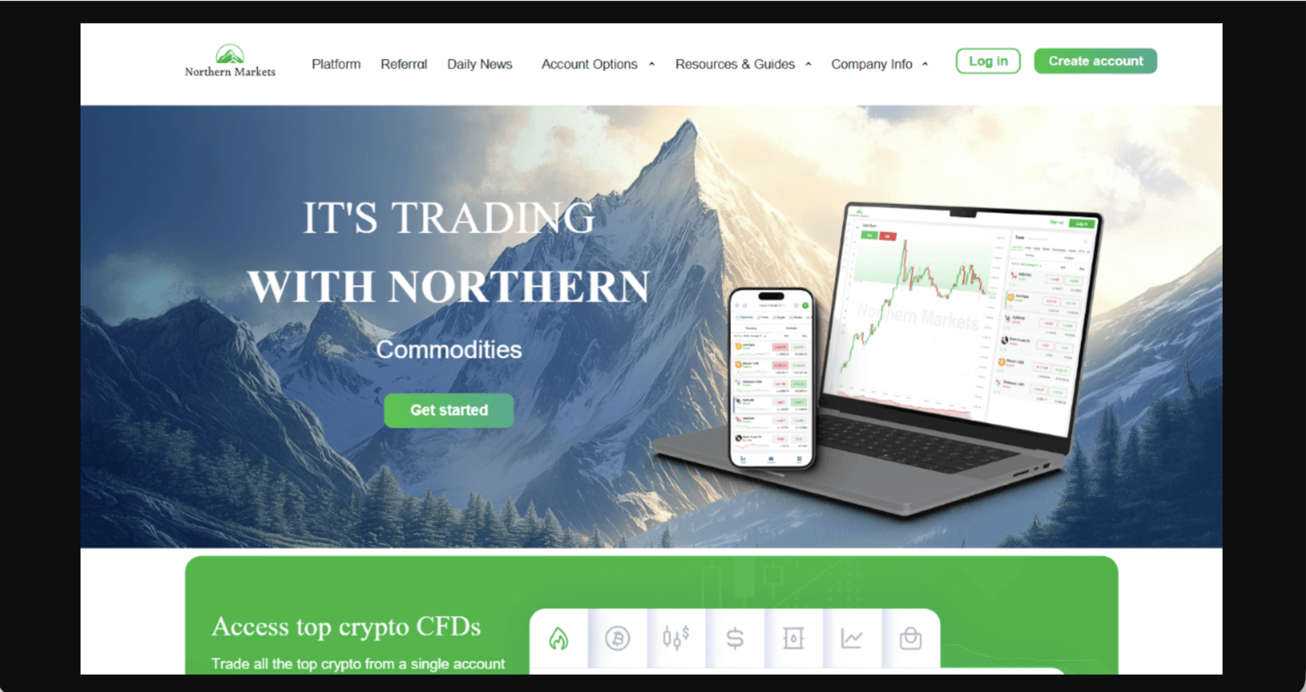 thenorthernmarkets.com Screenshot of the fraudulent trading platform Northern Markets, showcasing its misleading marketing.