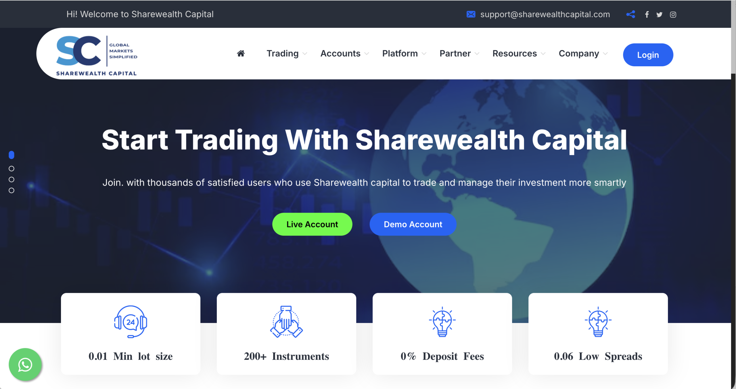 Screenshot of the fraudulent trading platform Sharewealth Capital, showcasing its misleading marketing. 