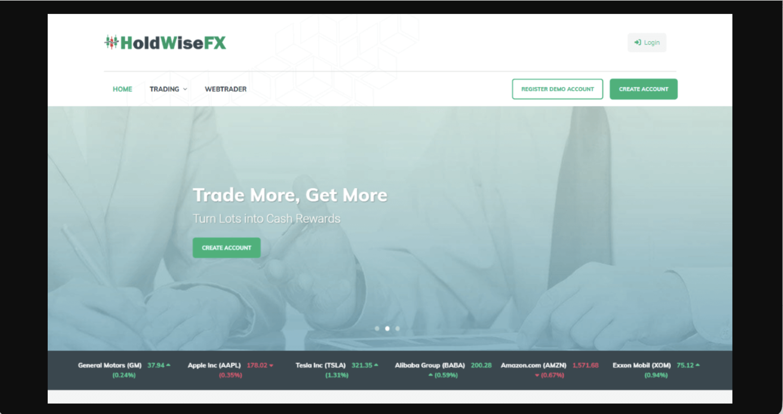 Screenshot of the fraudulent trading platform Holdwisefx, showcasing its misleading marketing. 