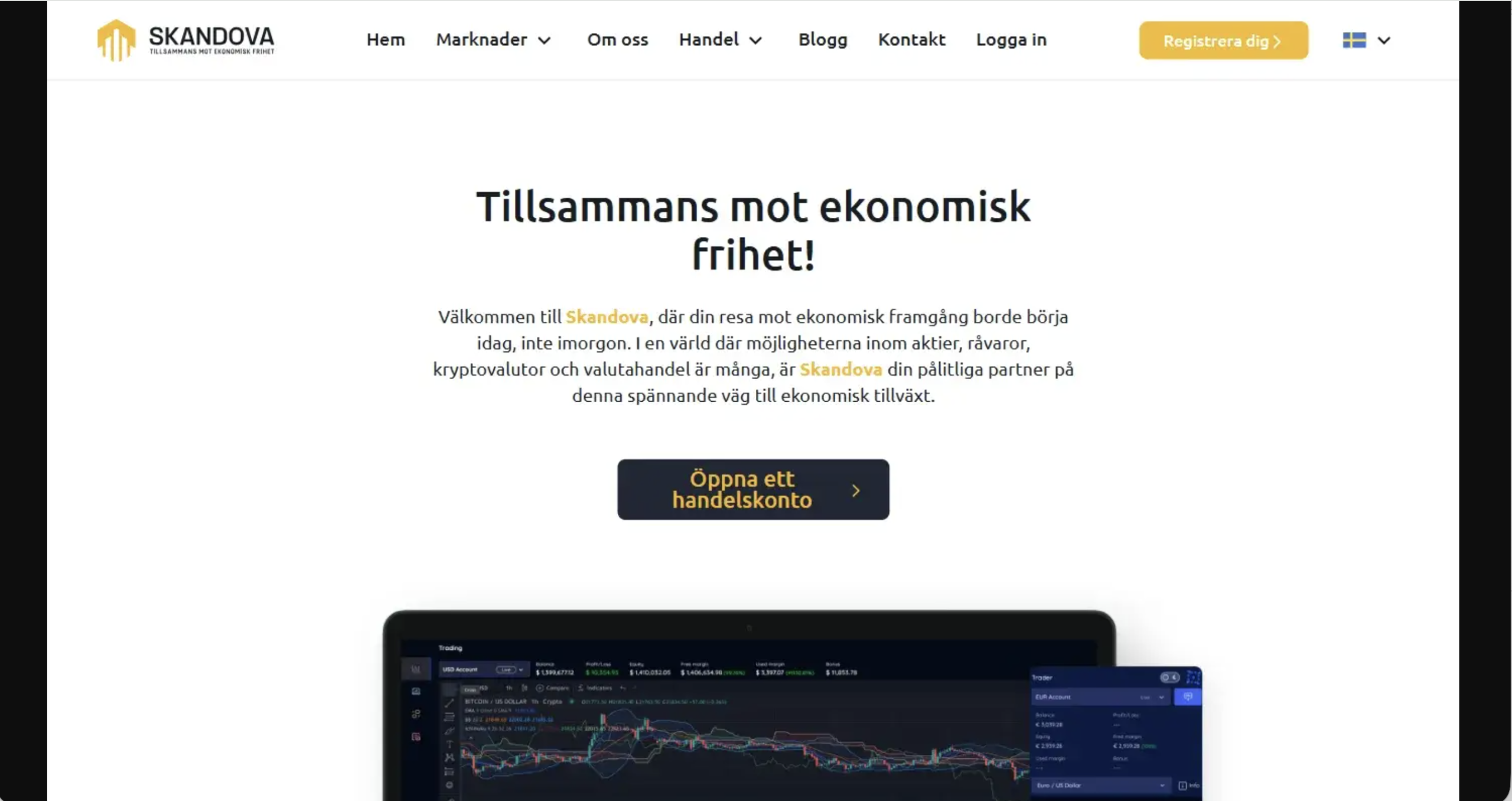 Screenshot of the fraudulent trading platform Skandova, showcasing its misleading marketing.