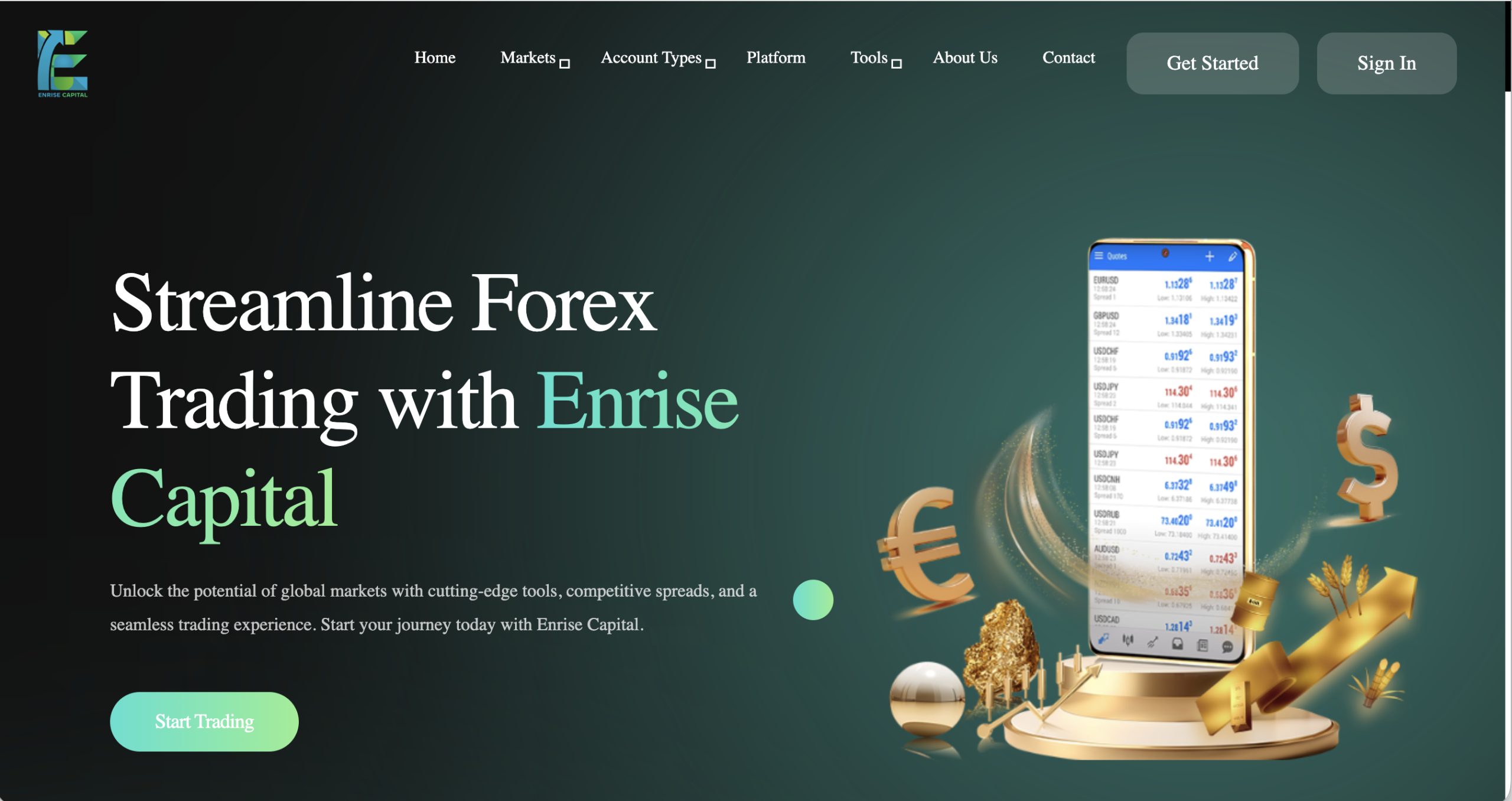 Screenshot of the fraudulent trading platform Enrise Capital, showcasing its misleading marketing.