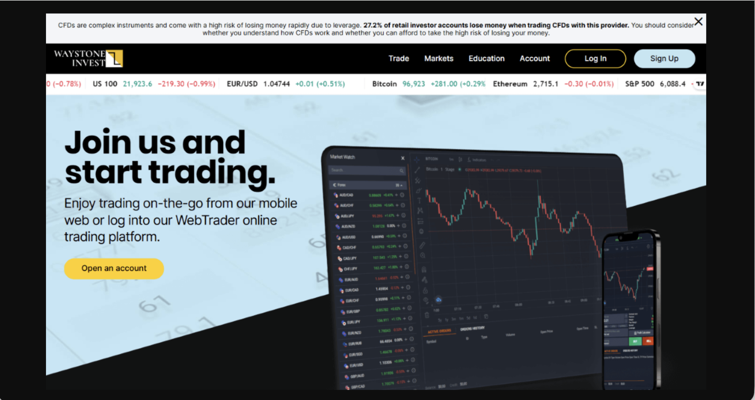 Screenshot of the fraudulent trading platform Waystone Invest, showcasing its misleading marketing.