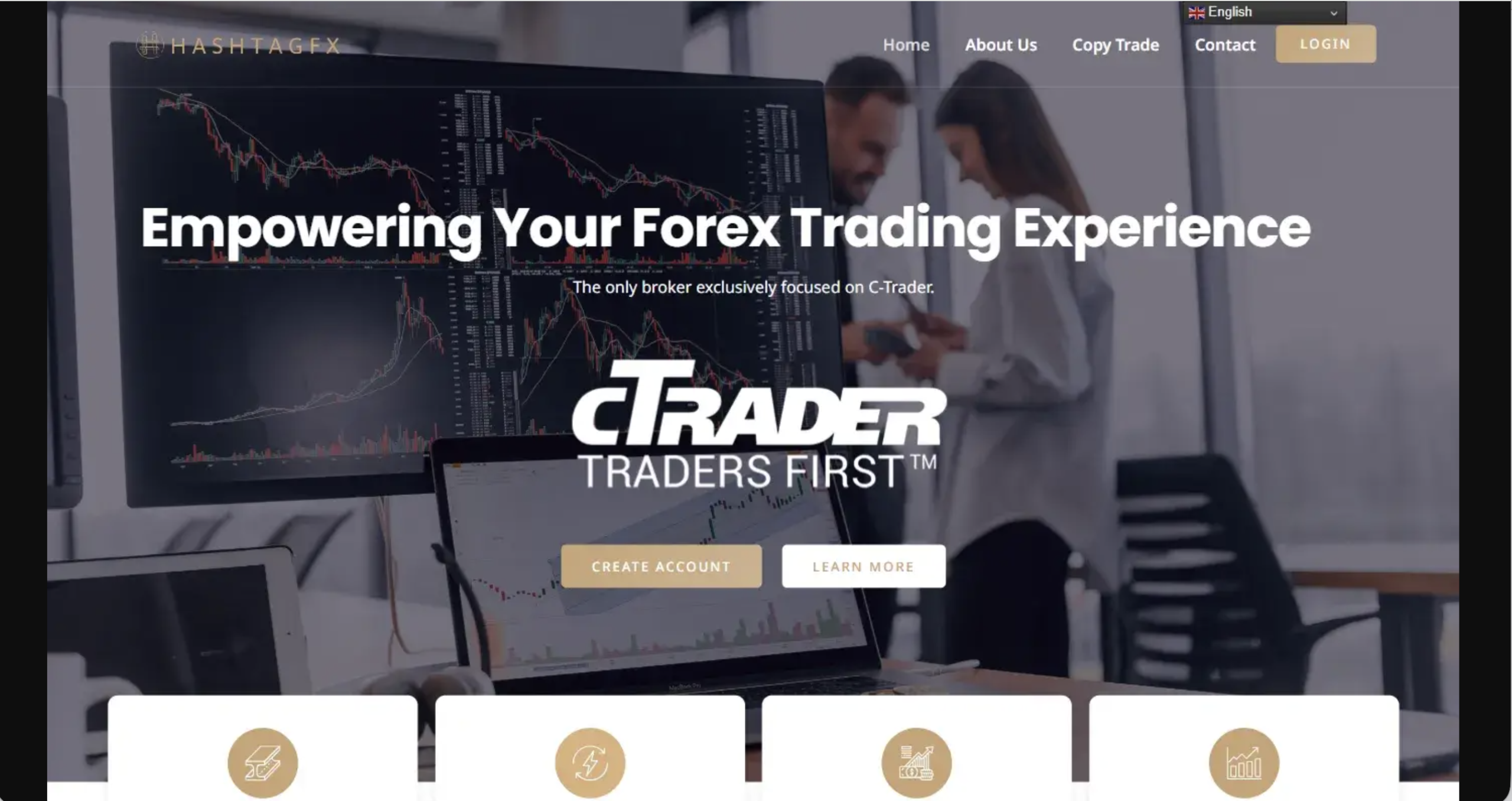 Screenshot of the fraudulent trading platform Hashtag Forex, showcasing its misleading marketing.