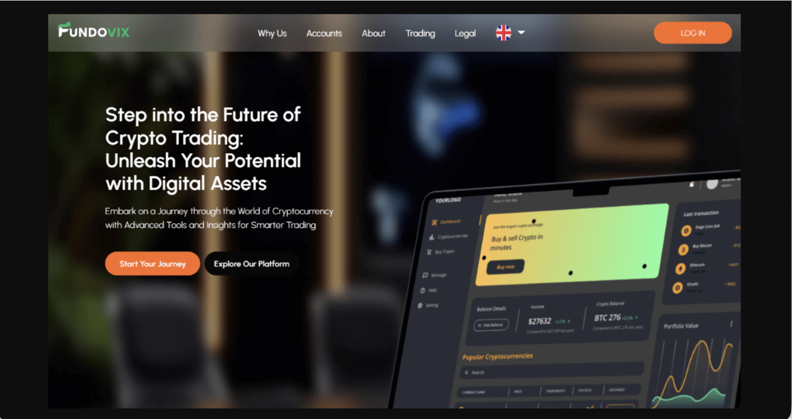Screenshot of the fraudulent trading platform Fundovix, showcasing its misleading marketing. 
