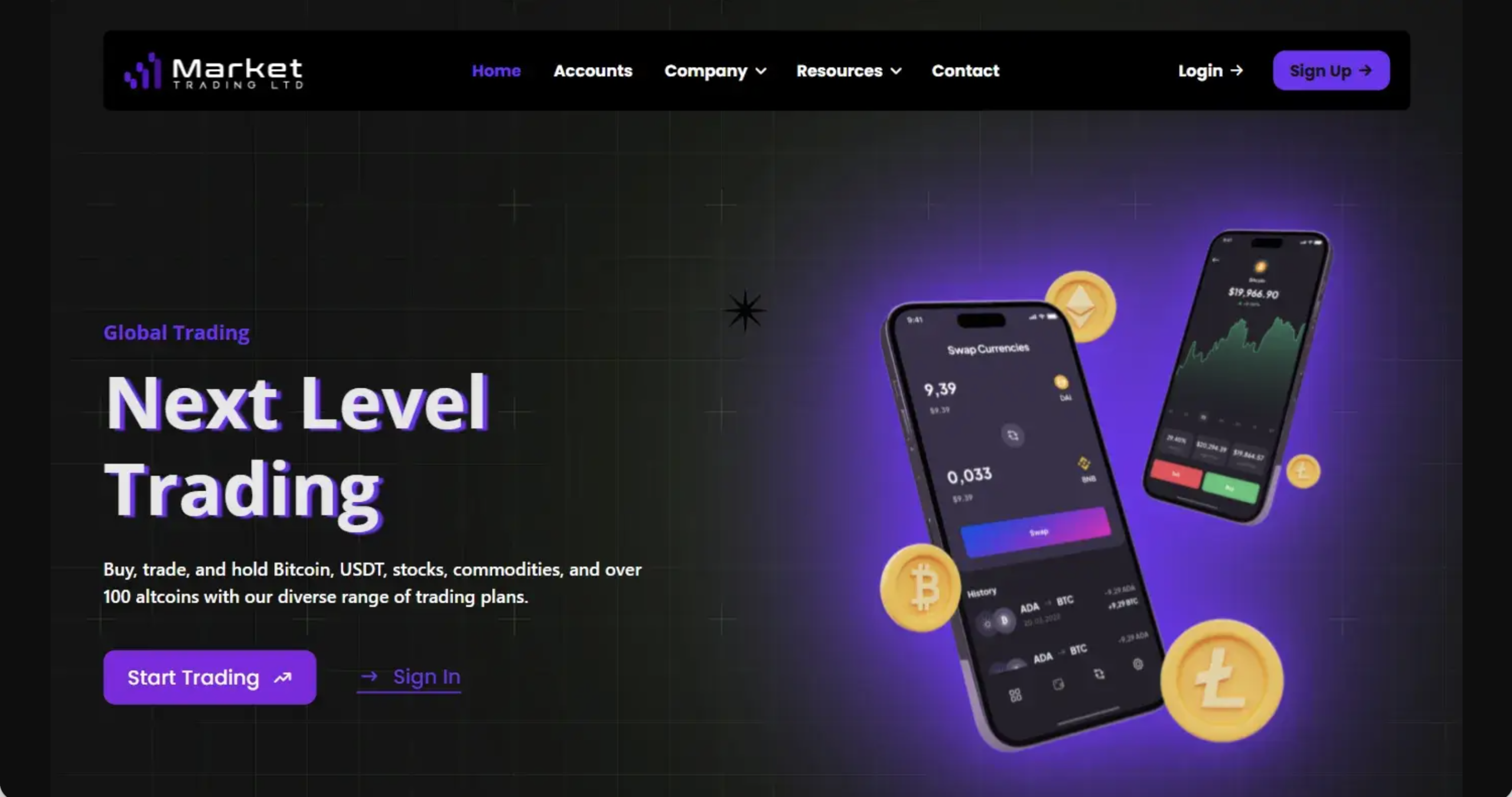 market-trading.ltd Screenshot of the fraudulent trading platform Market Trading Ltd, showcasing its misleading marketing.
