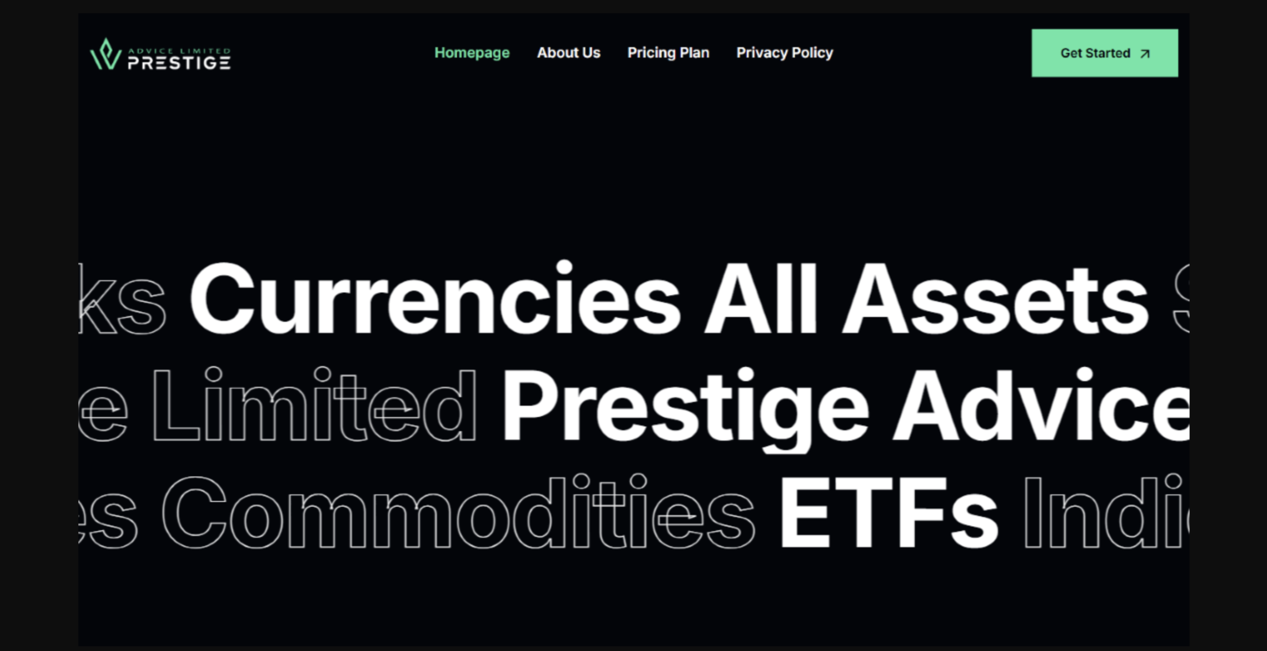 Screenshot of the fraudulent trading platform Prestige Advice Limited, showcasing its misleading marketing.