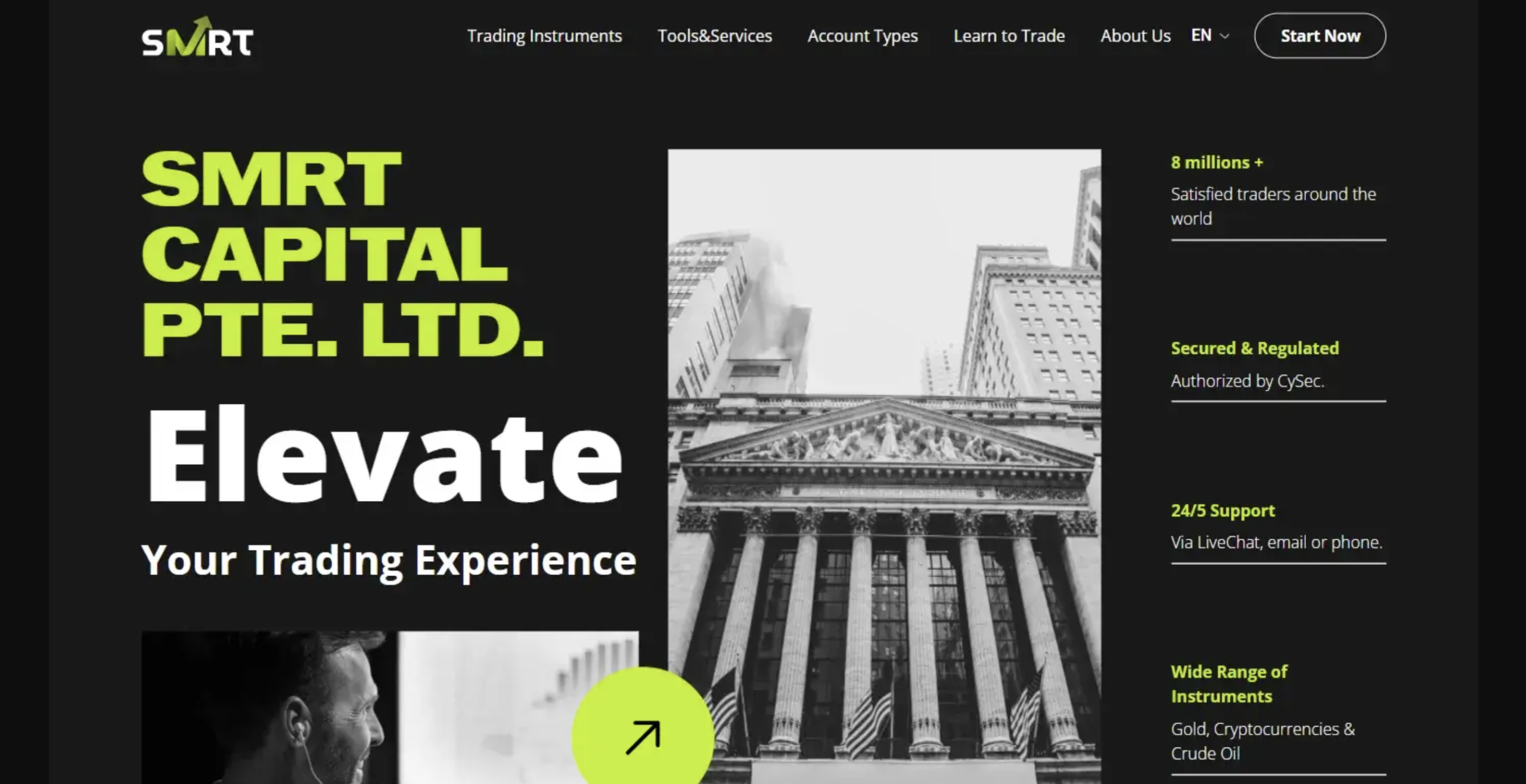 Screenshot of the fraudulent trading platform SMRT Capital PTE LTD, showcasing its misleading marketing.