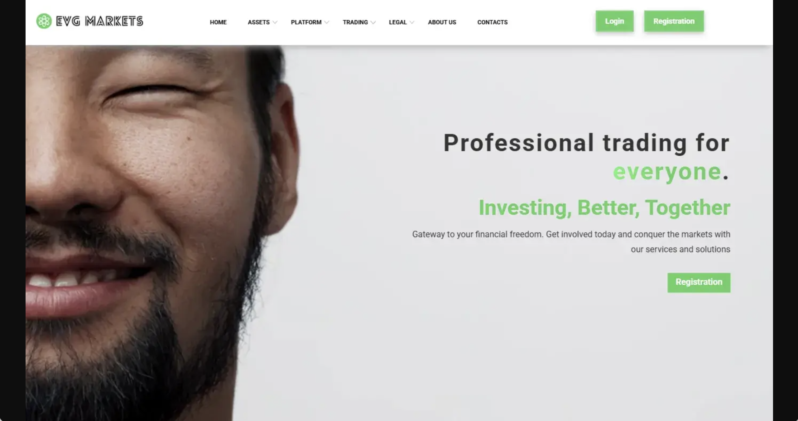 Screenshot of the fraudulent trading platform EvgMarkets, showcasing its misleading marketing.