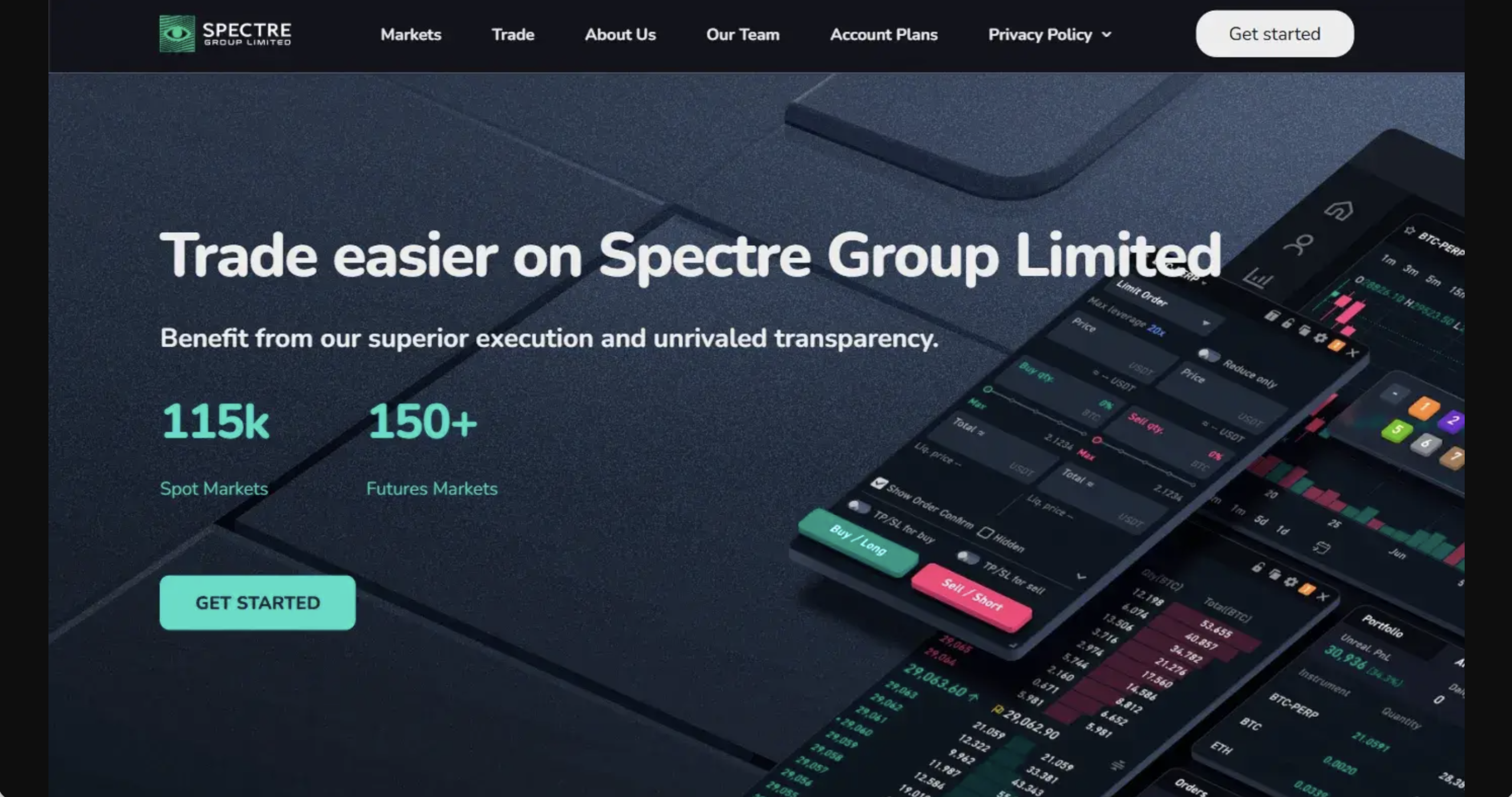 Screenshot of the fraudulent trading platform Spectre Group Limited, showcasing its misleading marketing. 