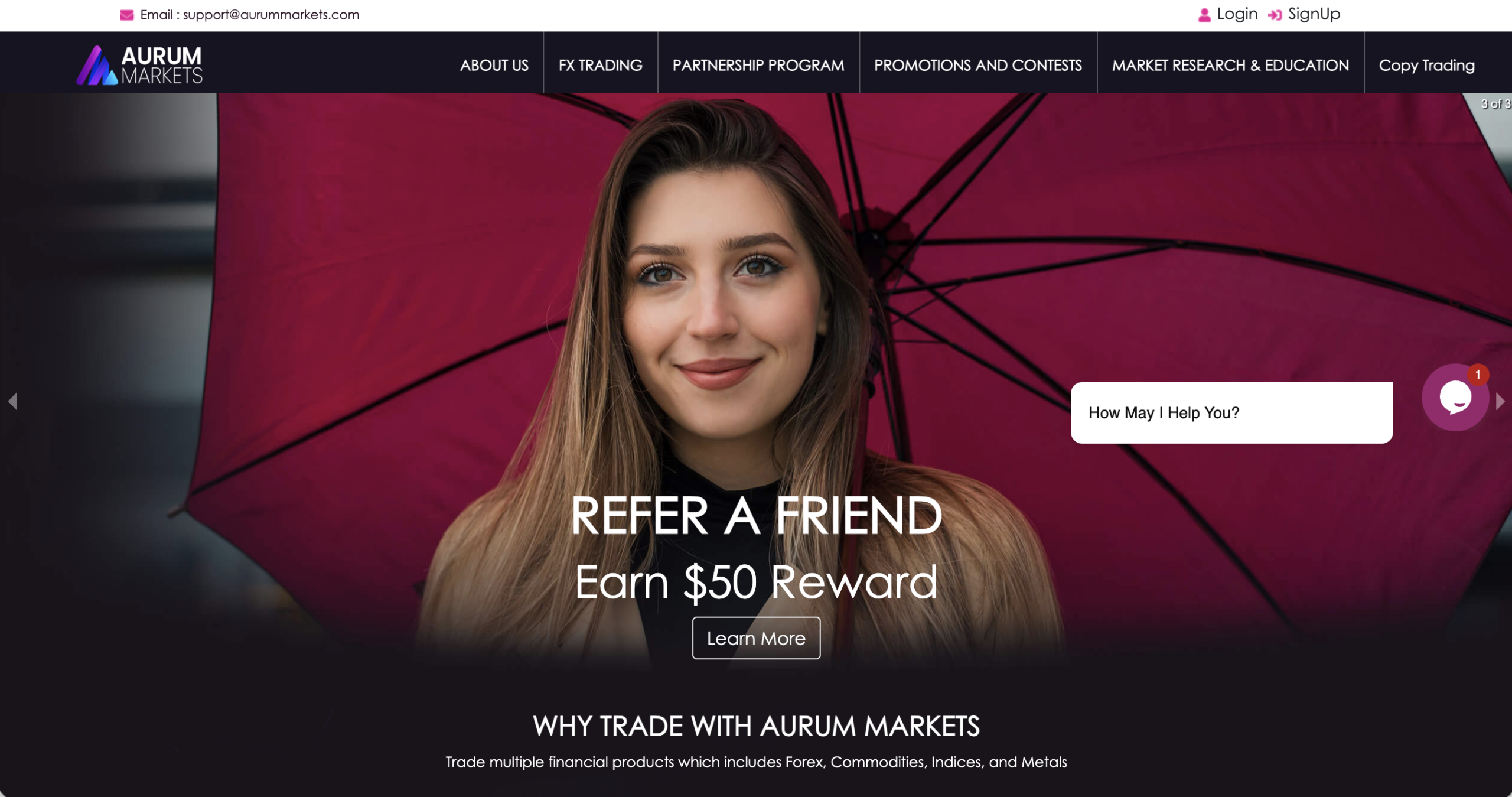 Screenshot of the fraudulent trading platform Aurum Markets, showcasing its misleading marketing.