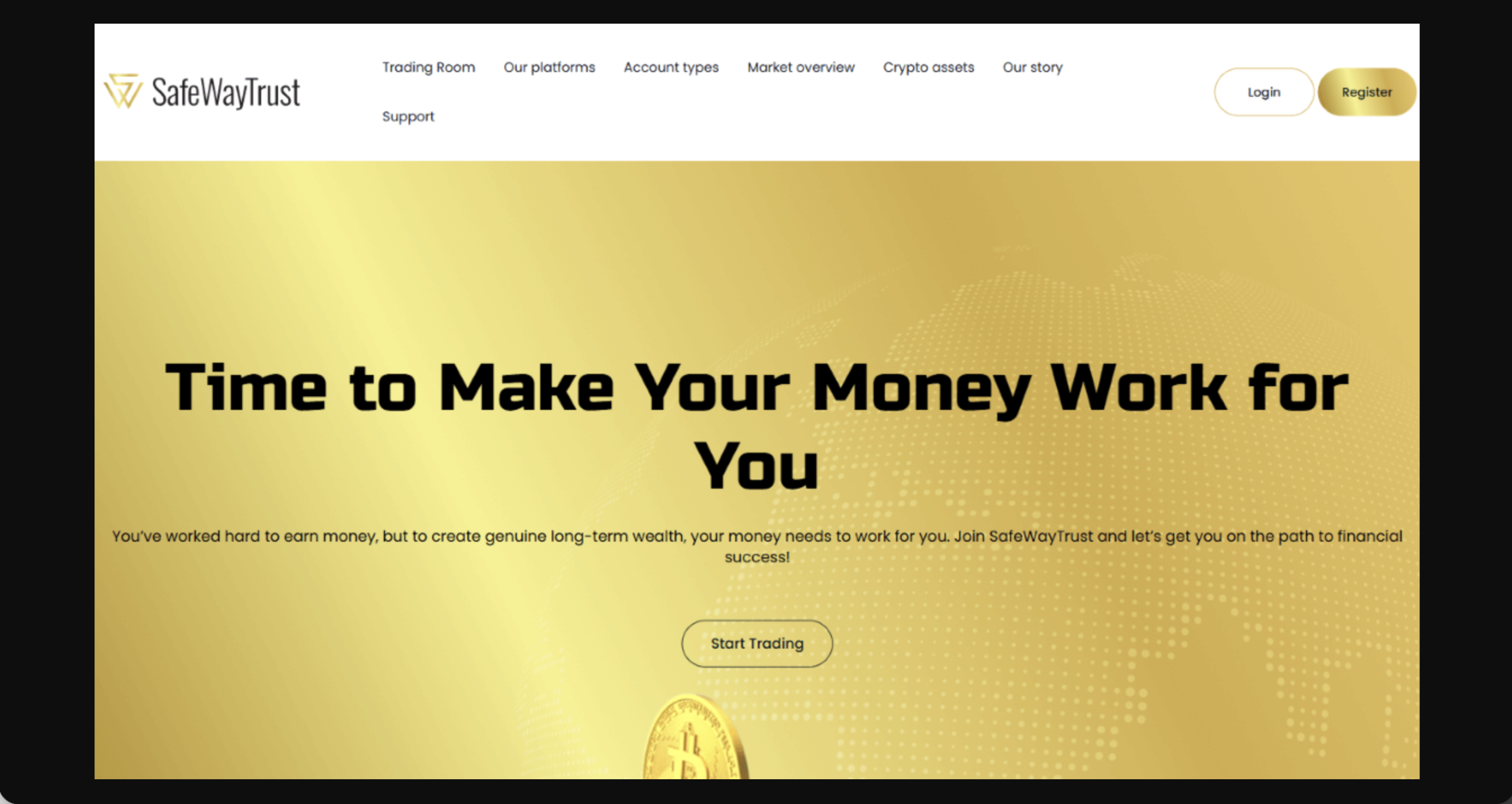 Screenshot of the fraudulent trading platform Safewaytrust, showcasing its misleading marketing.