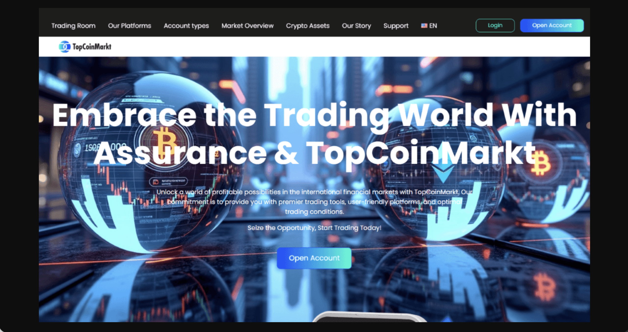 Screenshot of the fraudulent trading platform TopCoinMarkt, showcasing its misleading marketing.