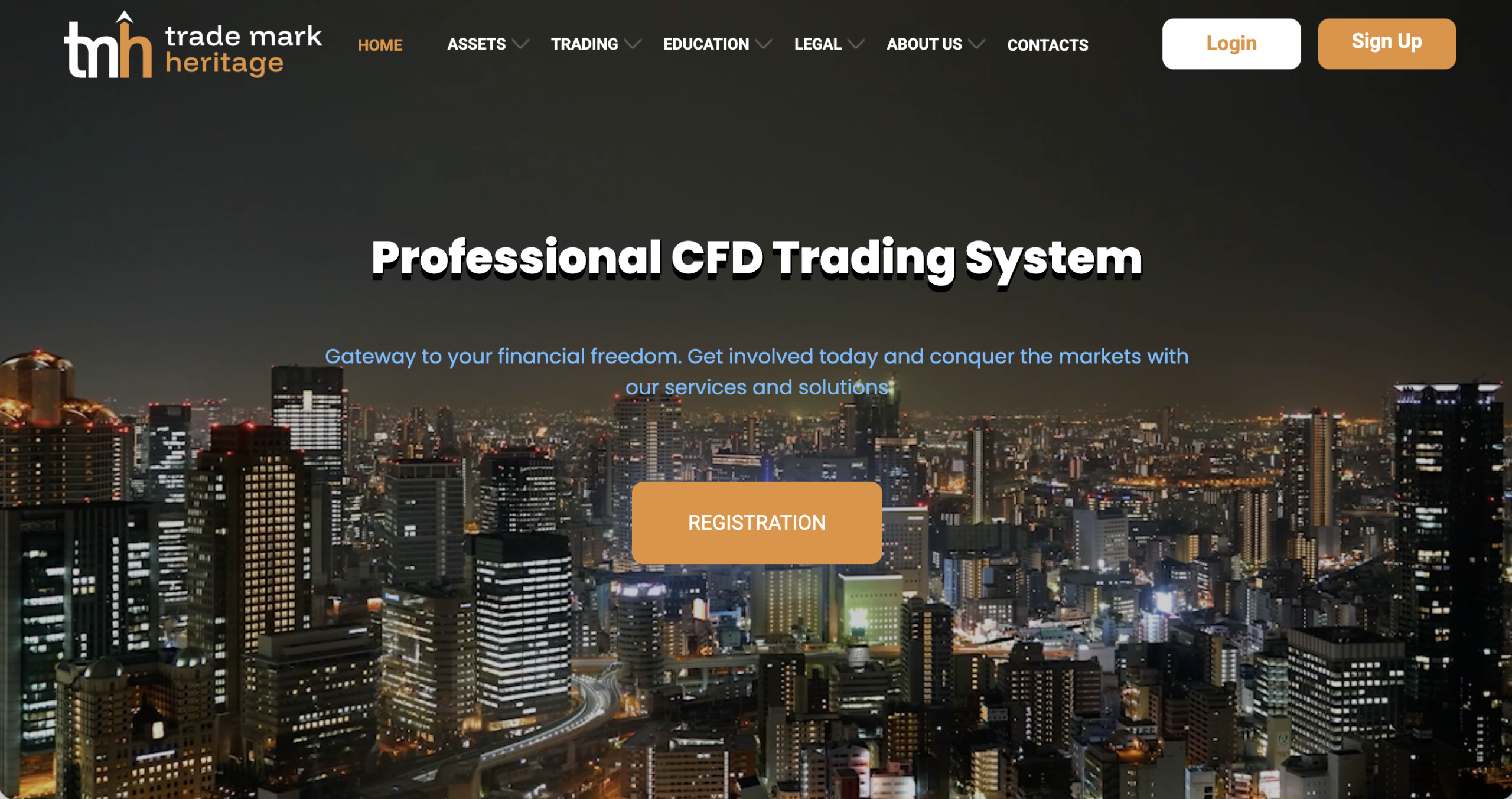 Screenshot of the fraudulent trading platform Trade Mark Heritage, showcasing its misleading marketing.