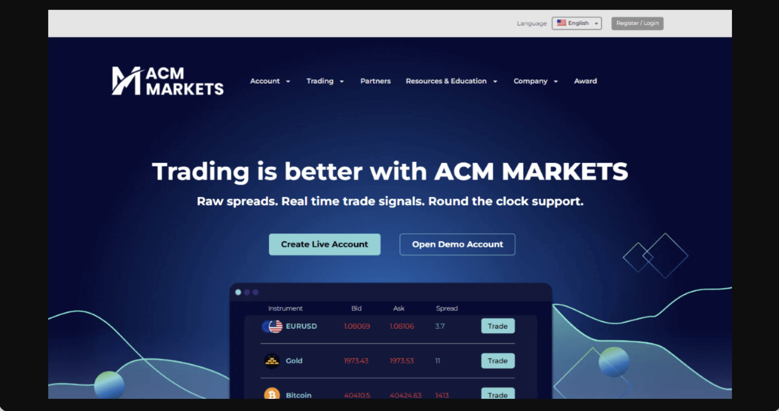 acmimarkets.com Screenshot of the fraudulent trading platform ACM Markets, showcasing its misleading marketing.